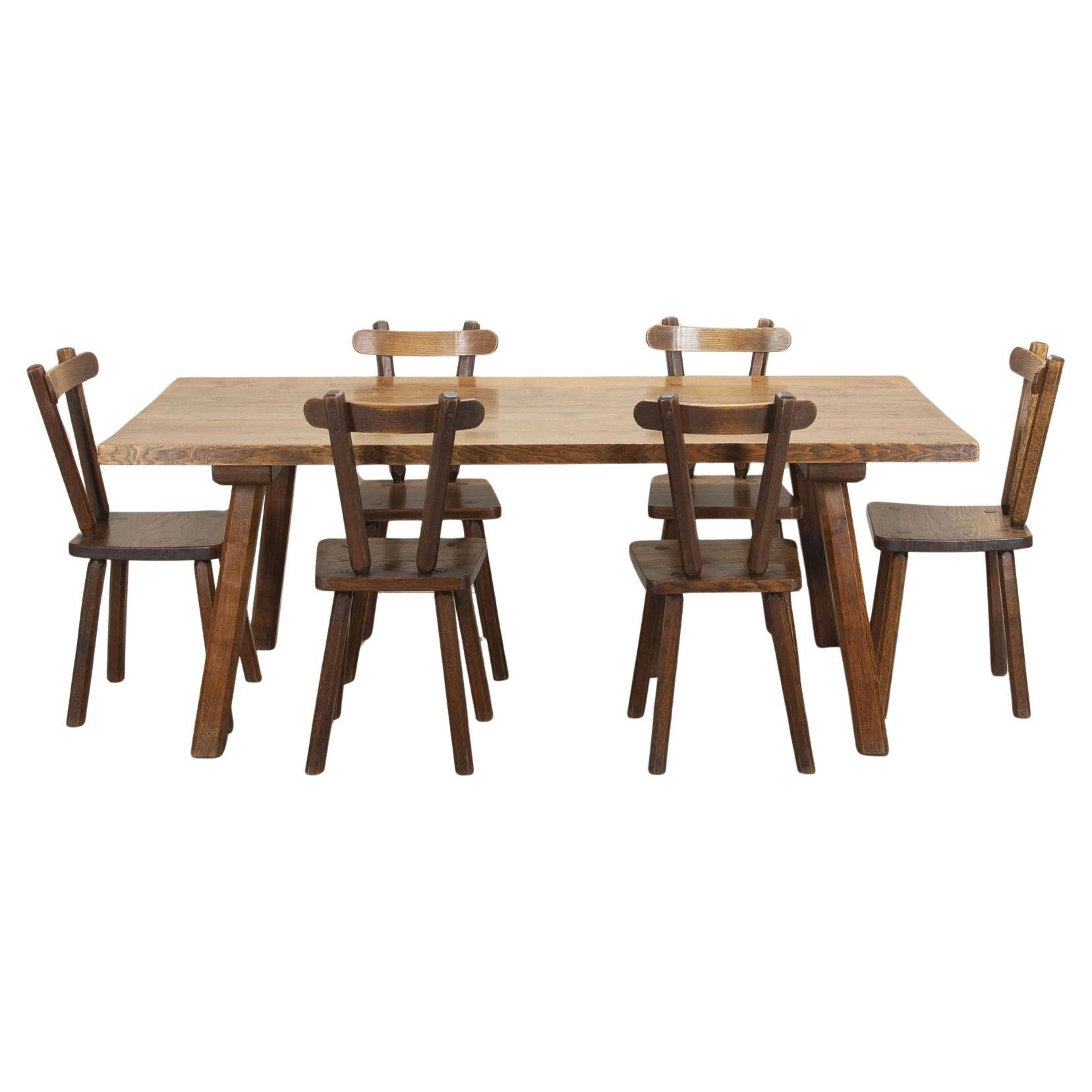 Mid-Century French Oak Farmhouse Table with Six Matching Chairs For Sale