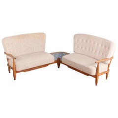 Mid Century French Oak-Framed Corner Sofa with Tiles by Guillerme and Chambron