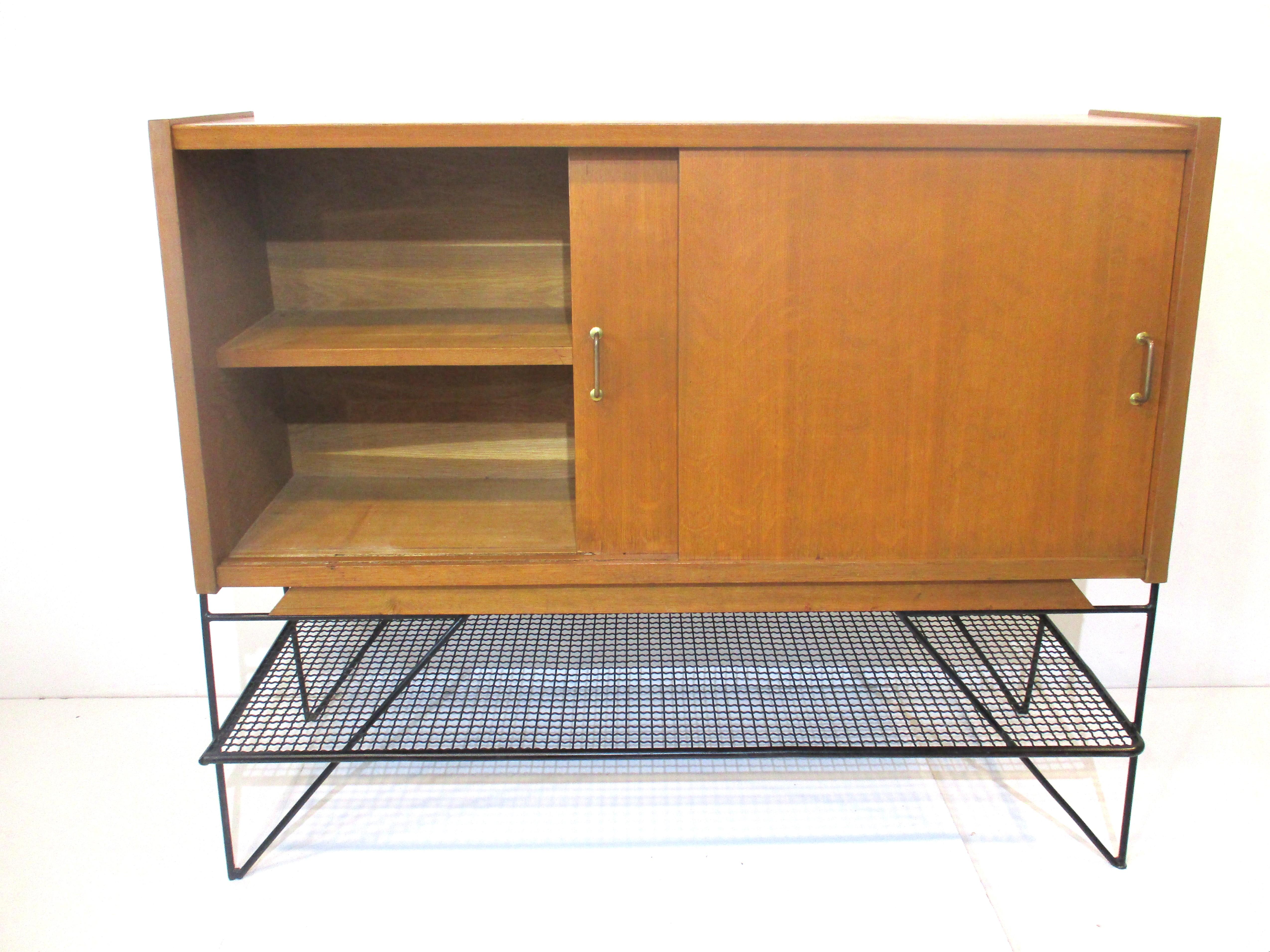 Wrought Iron Mid Century French Oak / Iron Credenza Sideboard 