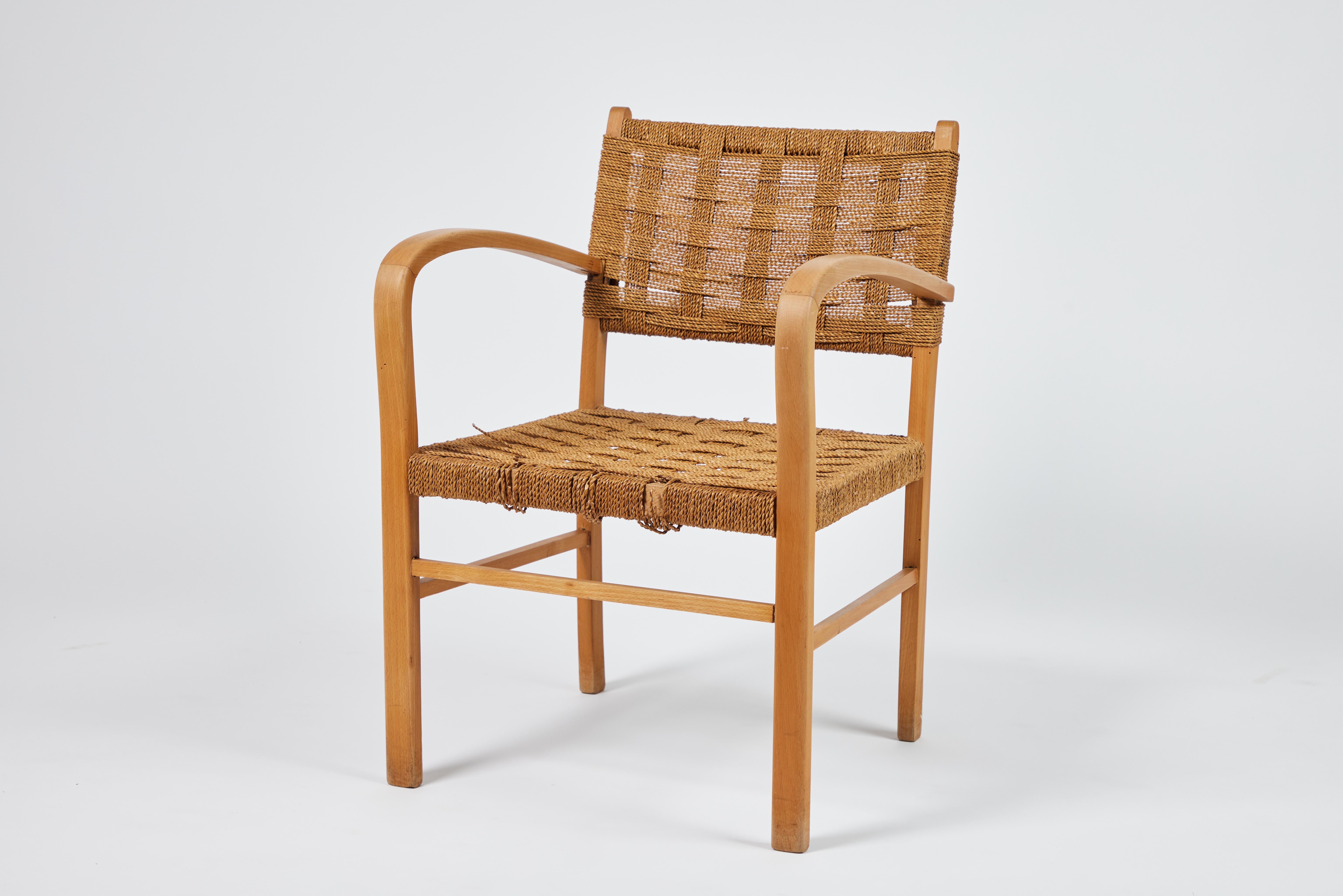 Mid-Century Modern Midcentury French Oak & Rope Woven Armchair For Sale