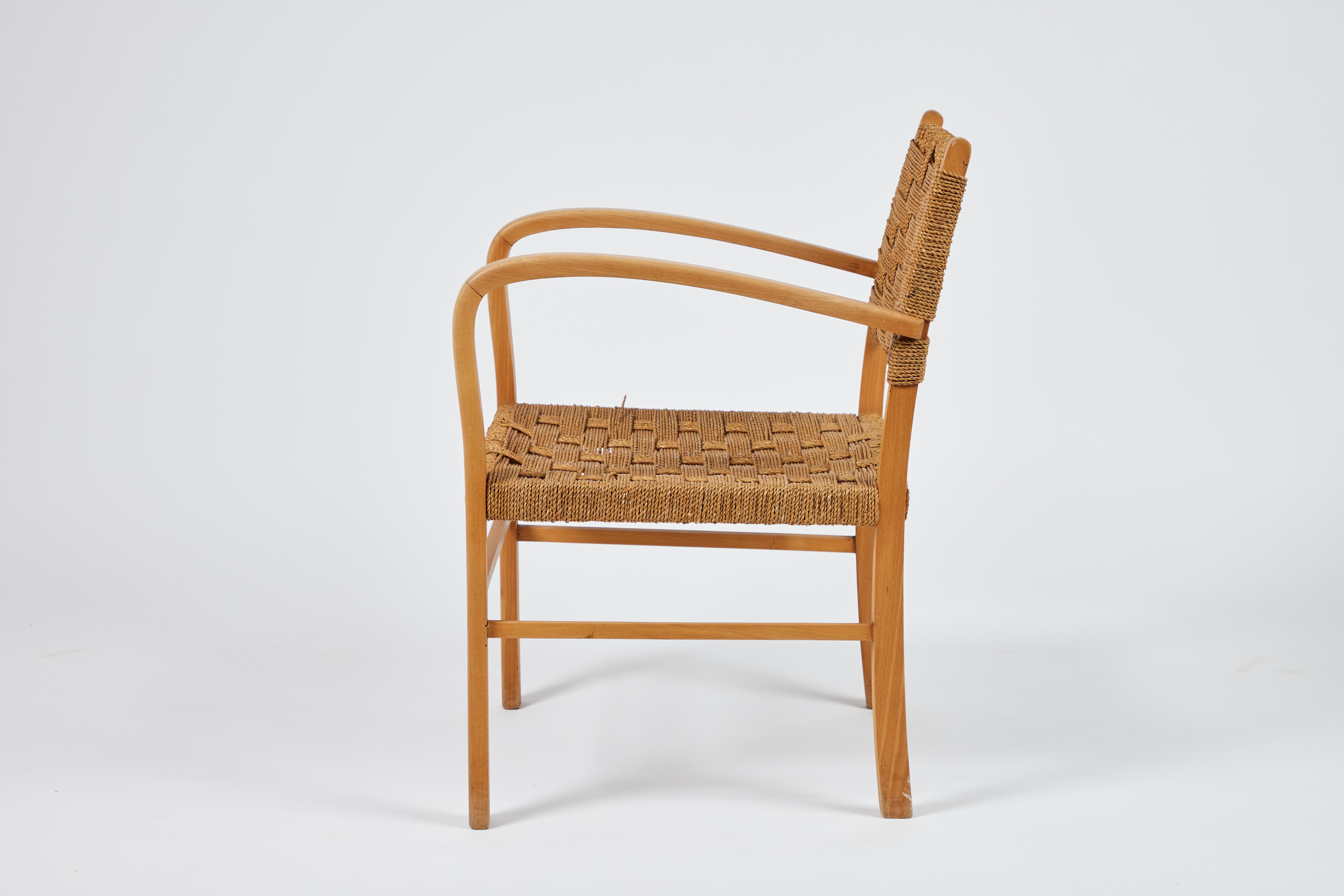 Midcentury French Oak & Rope Woven Armchair In Fair Condition For Sale In Chicago, IL