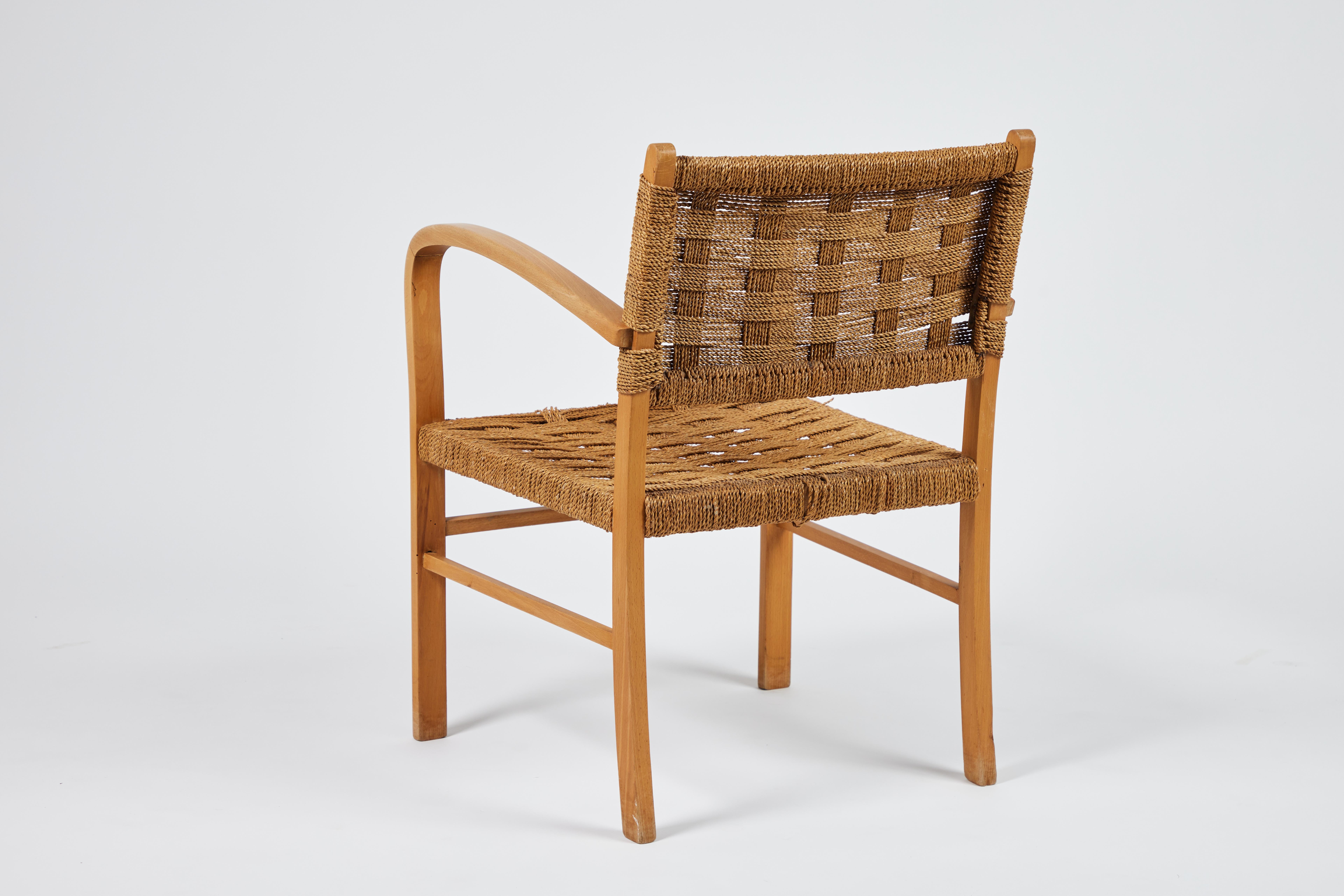 Mid-20th Century Midcentury French Oak & Rope Woven Armchair For Sale