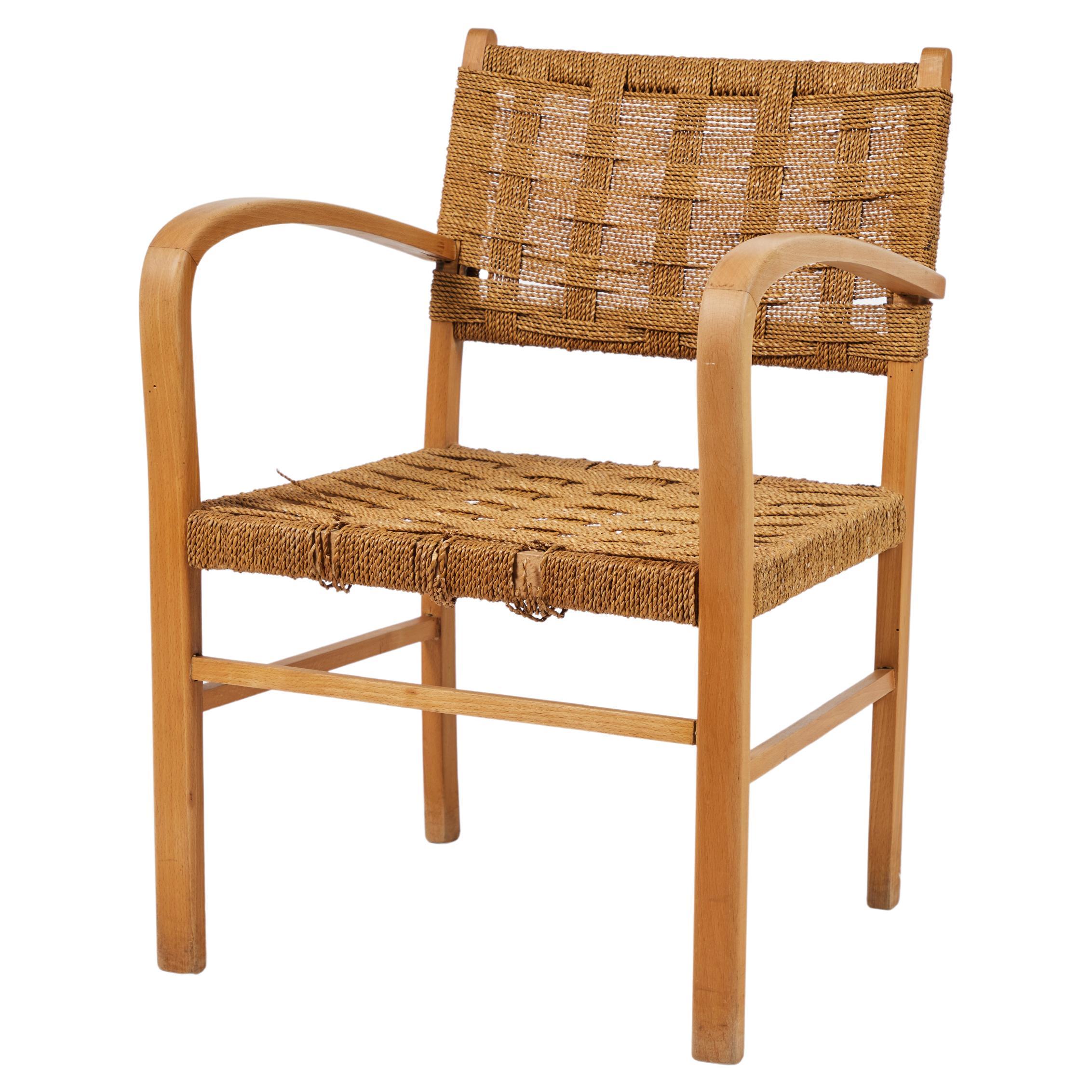 Midcentury French Oak & Rope Woven Armchair For Sale