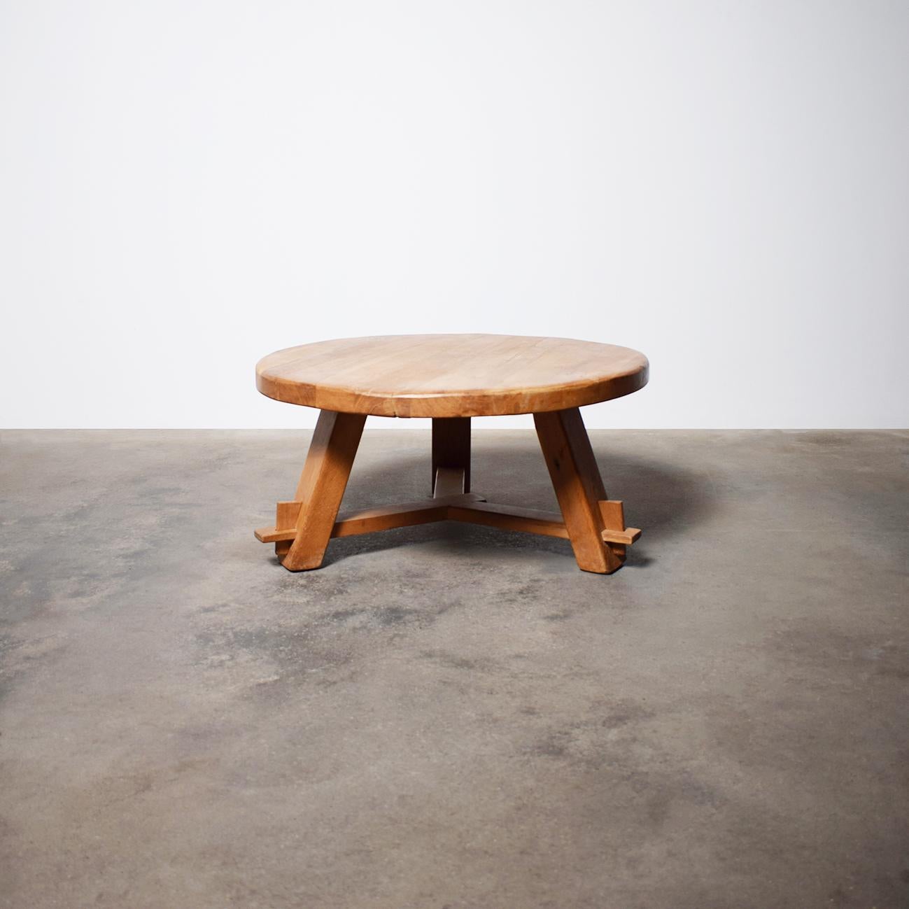 Mid-20th Century Mid Century French Oak Rustic Brutalist Round Tripod Coffee Table, 1960s