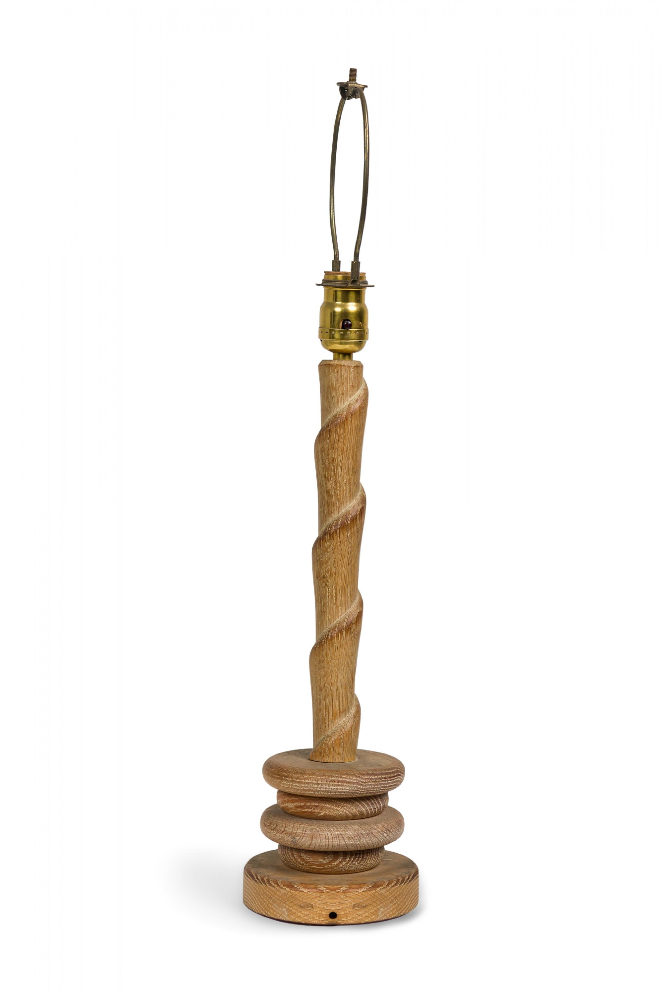 Carved Midcentury French Oak Twist Candlestick Lamp For Sale