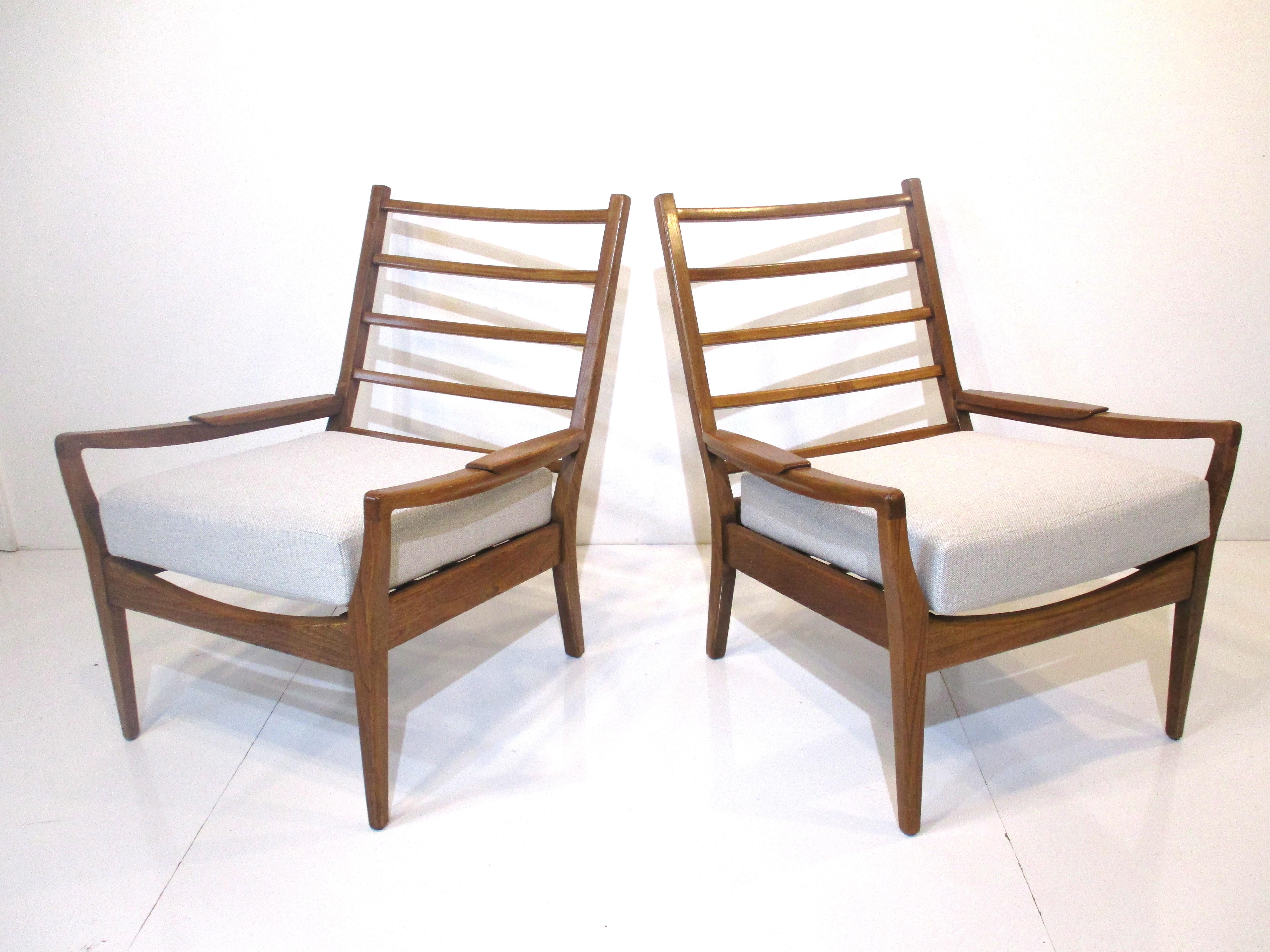 Mid Century French Oak Upholstered Lounge Chairs 4
