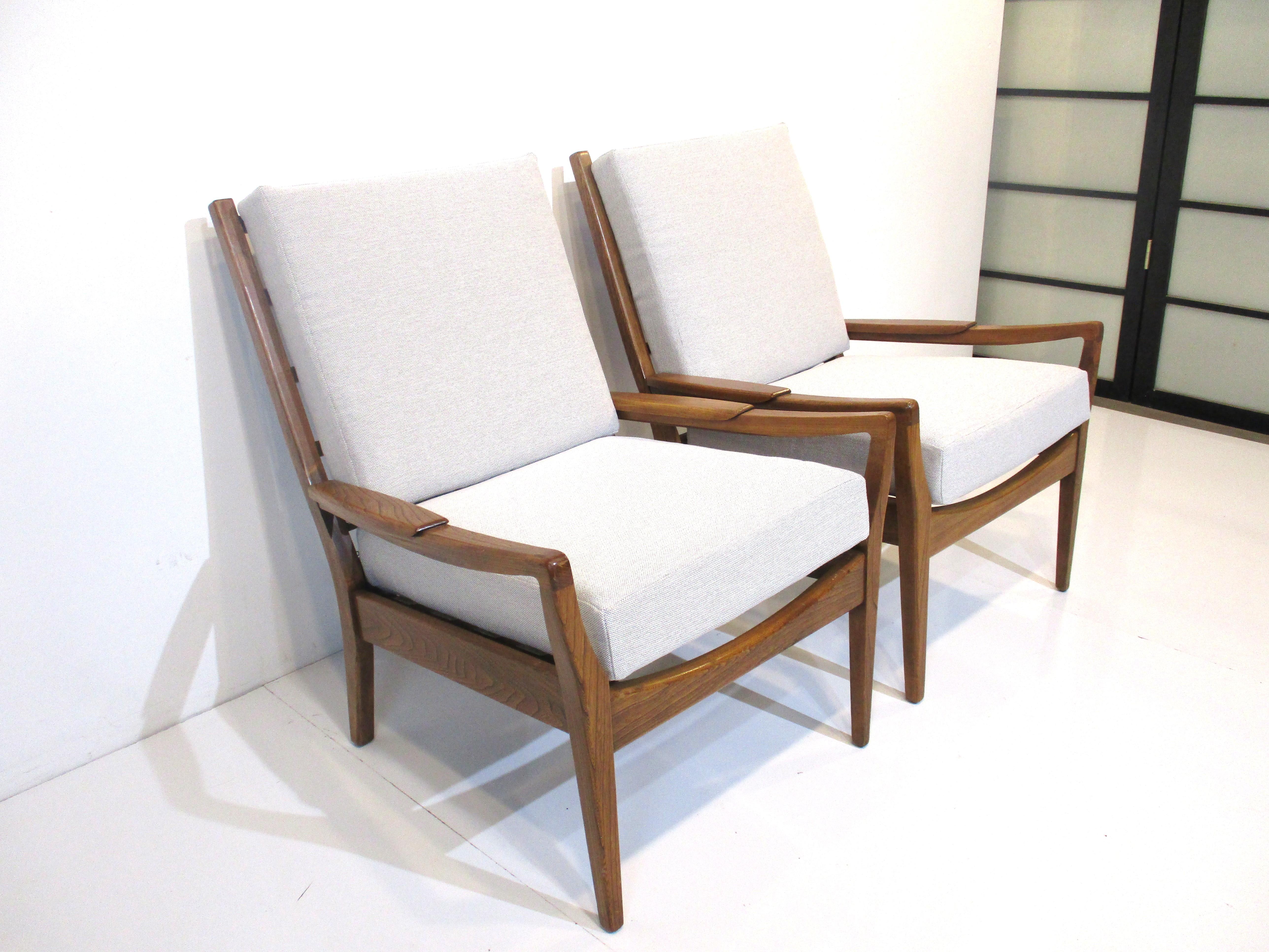 Mid-Century Modern Mid Century French Oak Upholstered Lounge Chairs