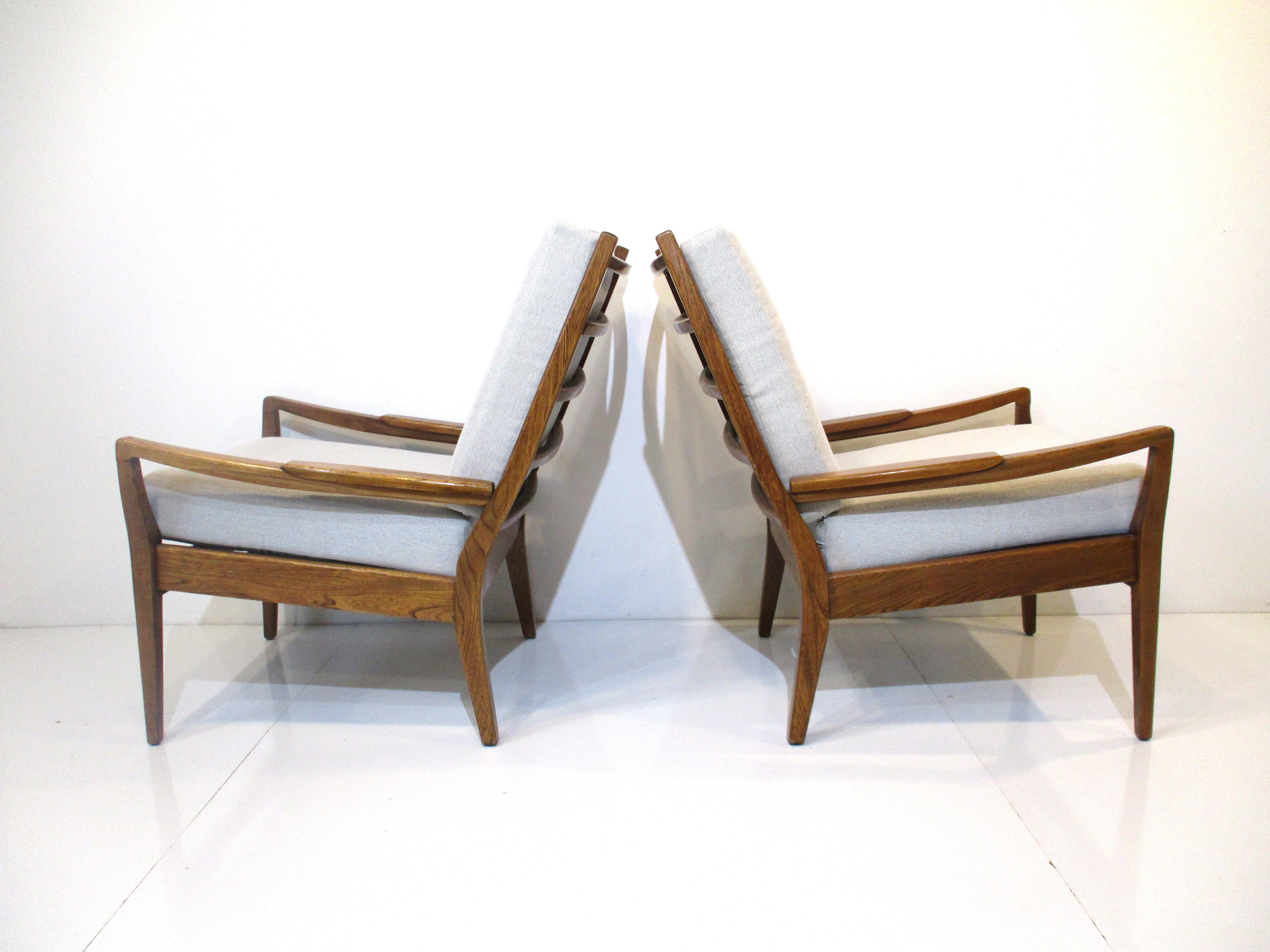 Mid Century French Oak Upholstered Lounge Chairs In Good Condition In Cincinnati, OH