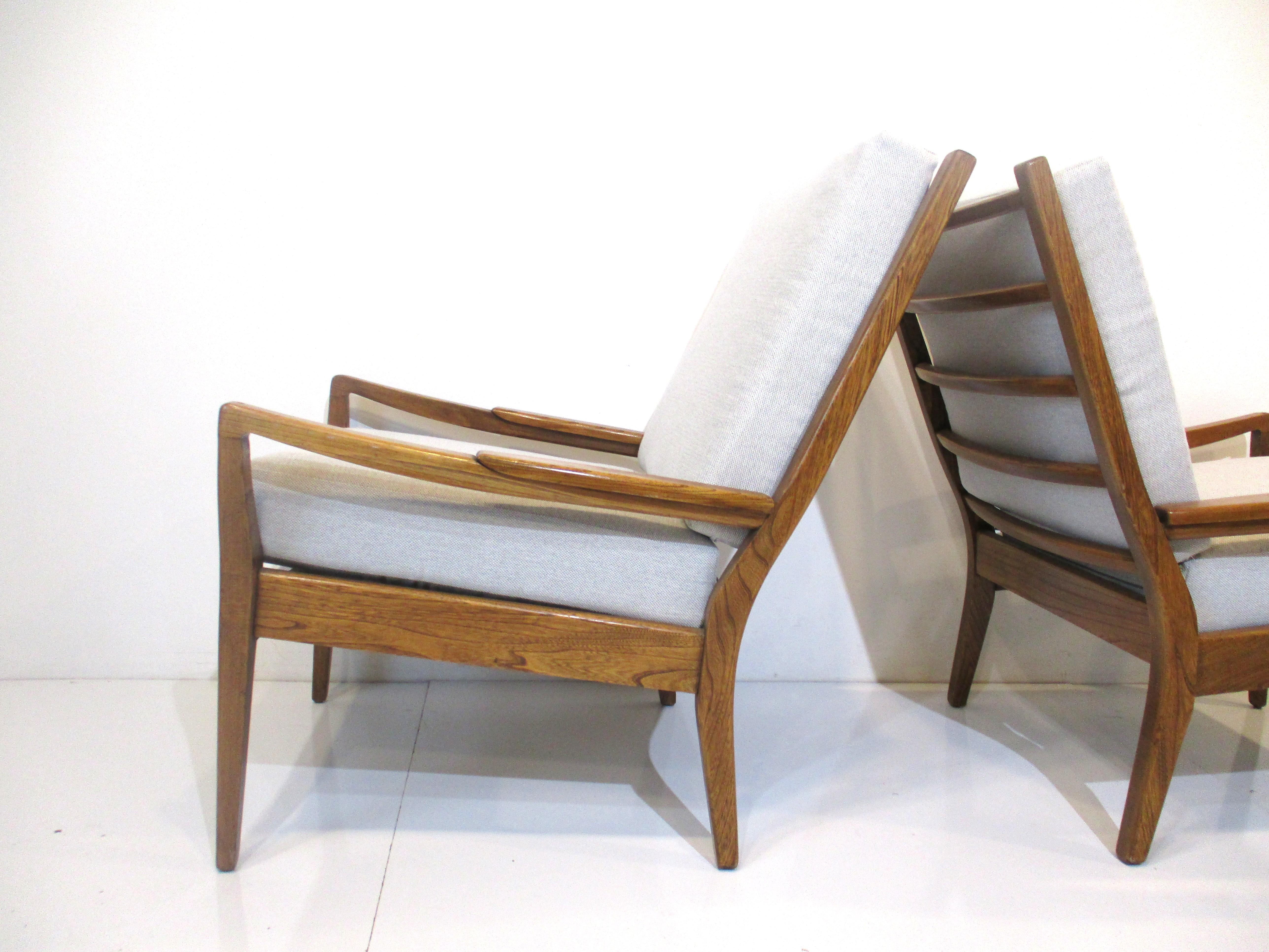 20th Century Mid Century French Oak Upholstered Lounge Chairs