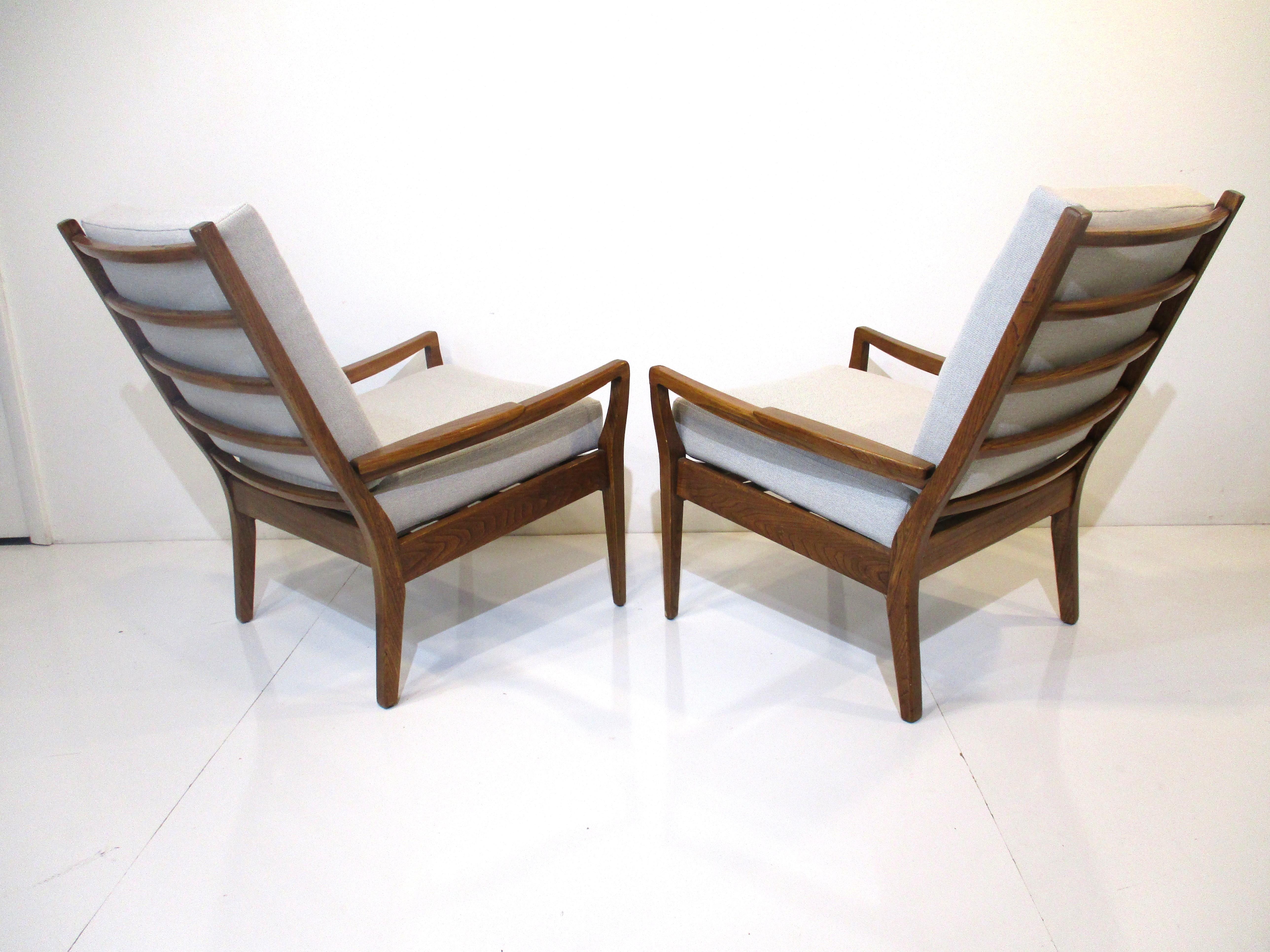 Upholstery Mid Century French Oak Upholstered Lounge Chairs