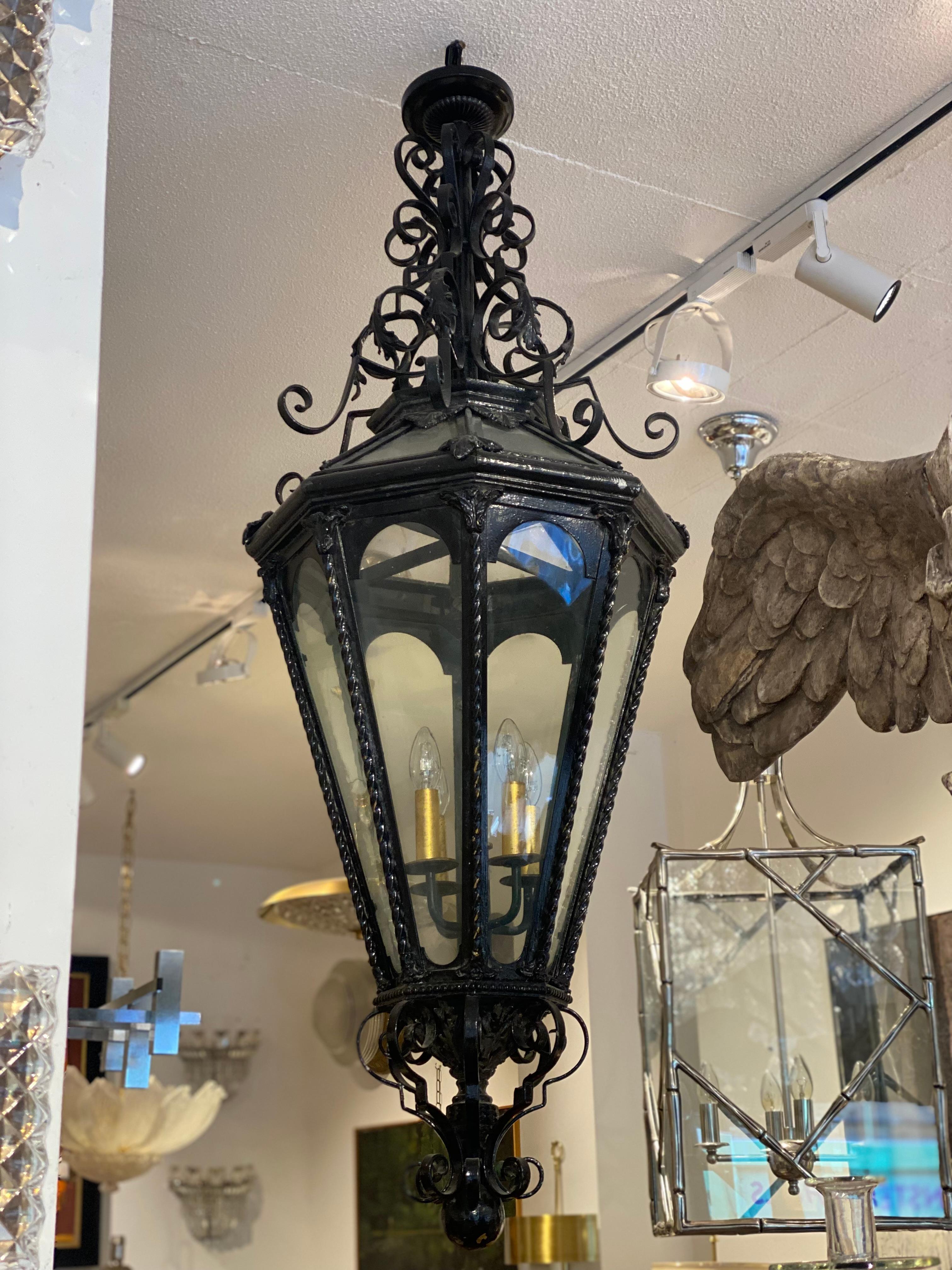 Mid-Century French, Octagonal Black Wrought Iron Lantern In Good Condition For Sale In London, GB