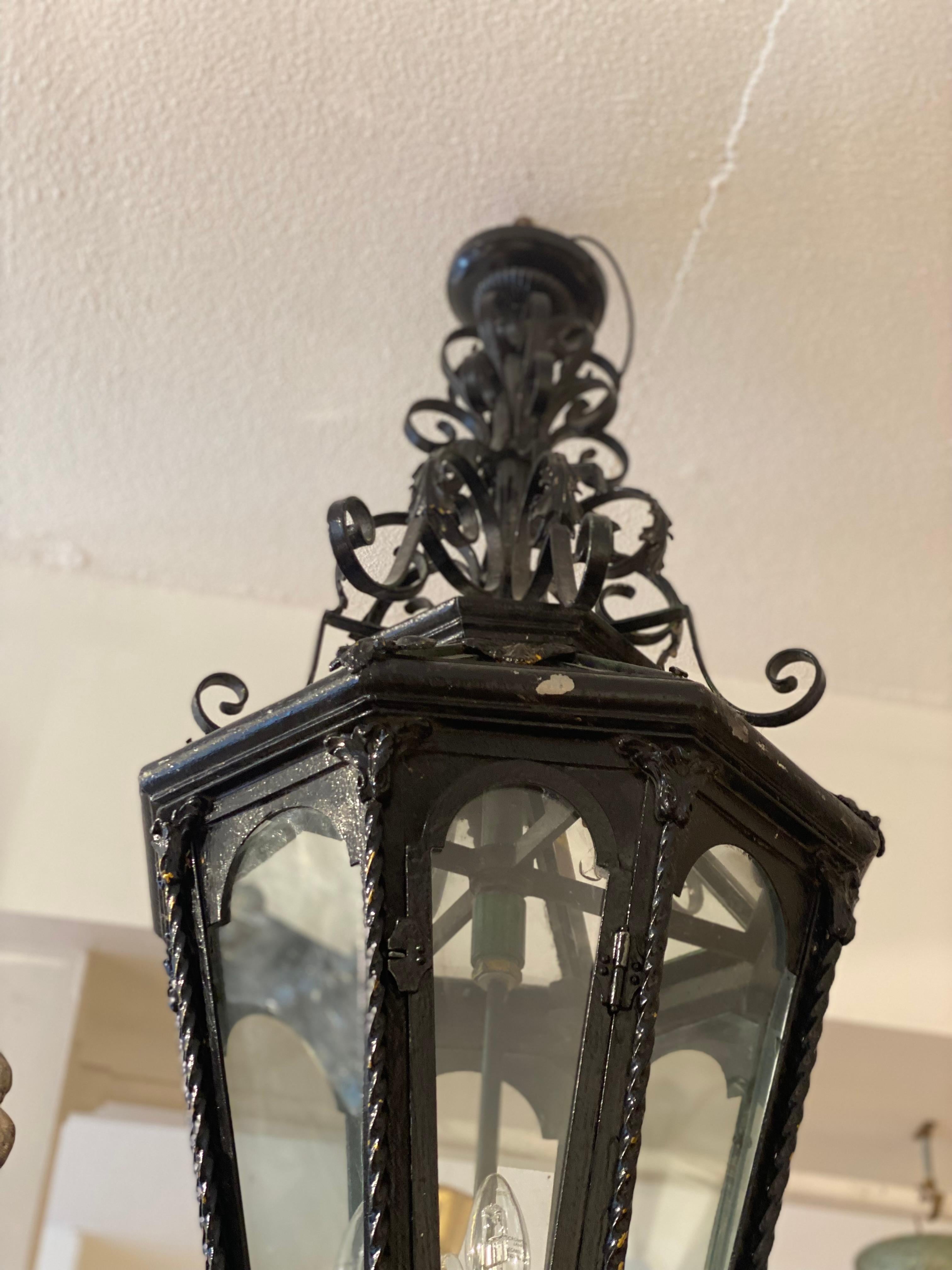 Glass Mid-Century French, Octagonal Black Wrought Iron Lantern For Sale