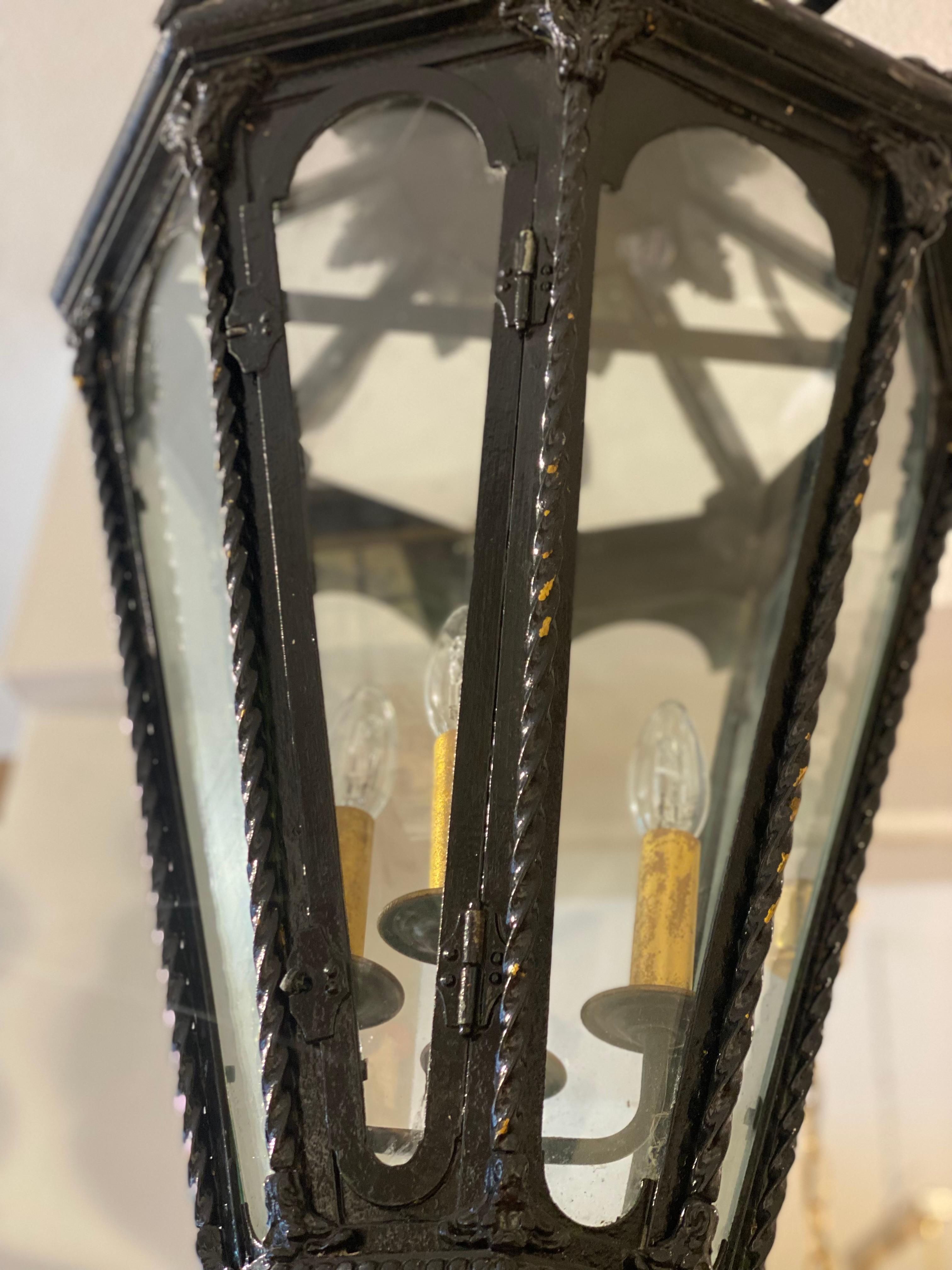 Mid-Century French, Octagonal Black Wrought Iron Lantern For Sale 1