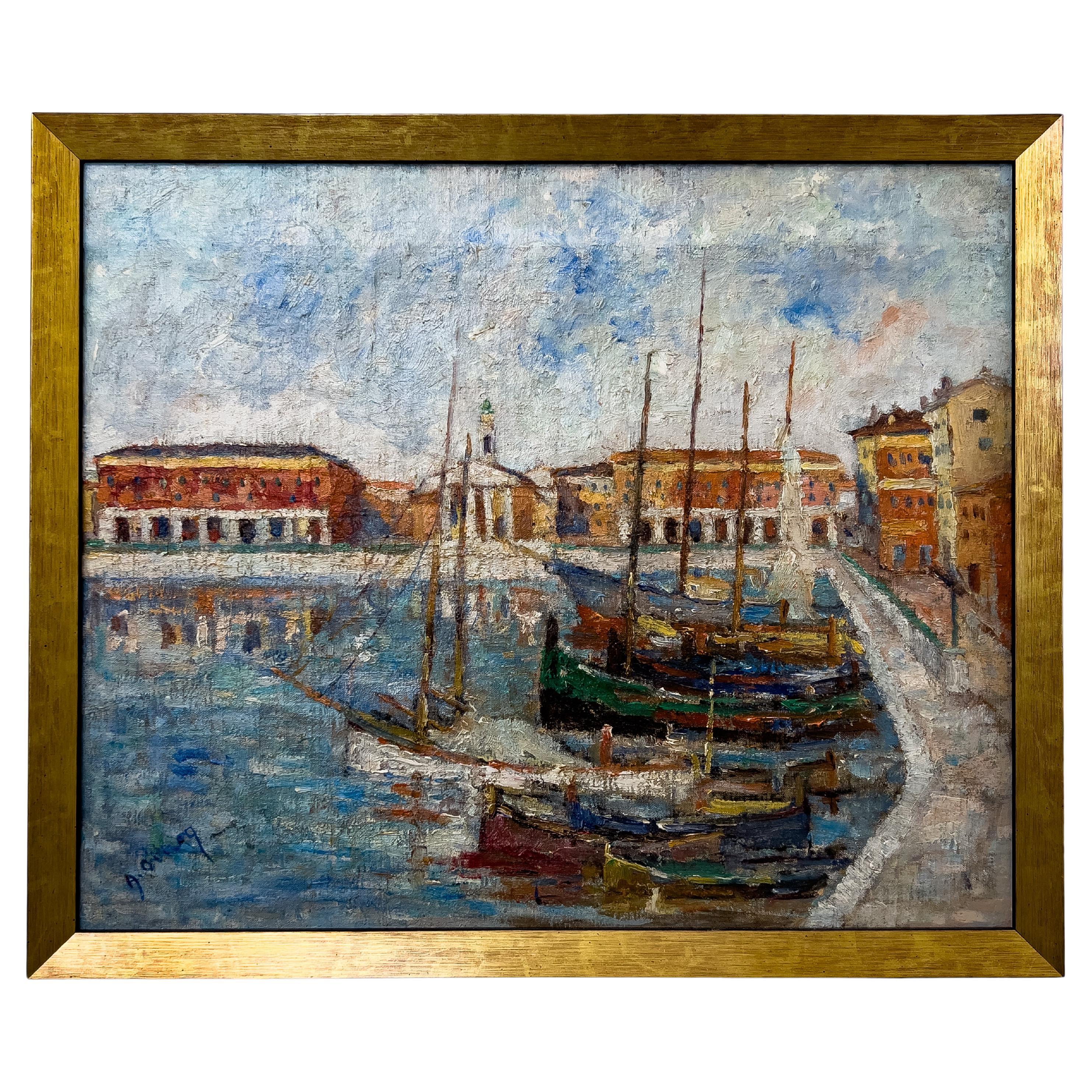 French Oil on Canvas Framed Landscape Painting of the Breton Petit Port ...