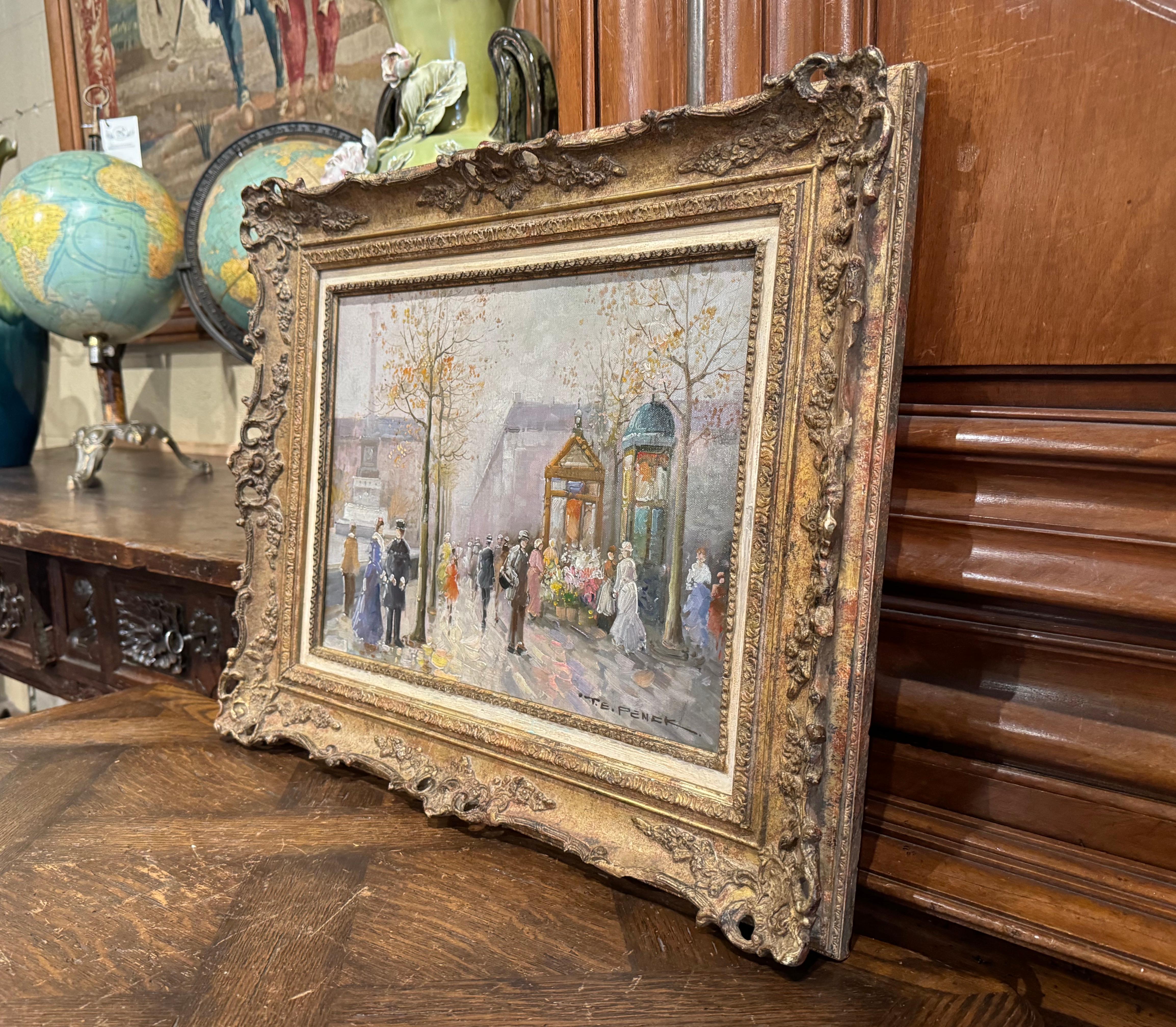 Decorate a office or study with this colorful antique Parisian painting. Crafted in France circa 1960, and set in a carved giltwood frame, the artwork depicts a 19th century Parisian scene in the impressionist style; the painting is signed in the