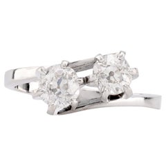 Mid Century French Old Mine Cut Diamond 18K White Gold Toi Et Moi Ring