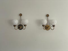 Mid-century French Opaline Ball Glass and Brass Pair of Sconces, 1950s, France