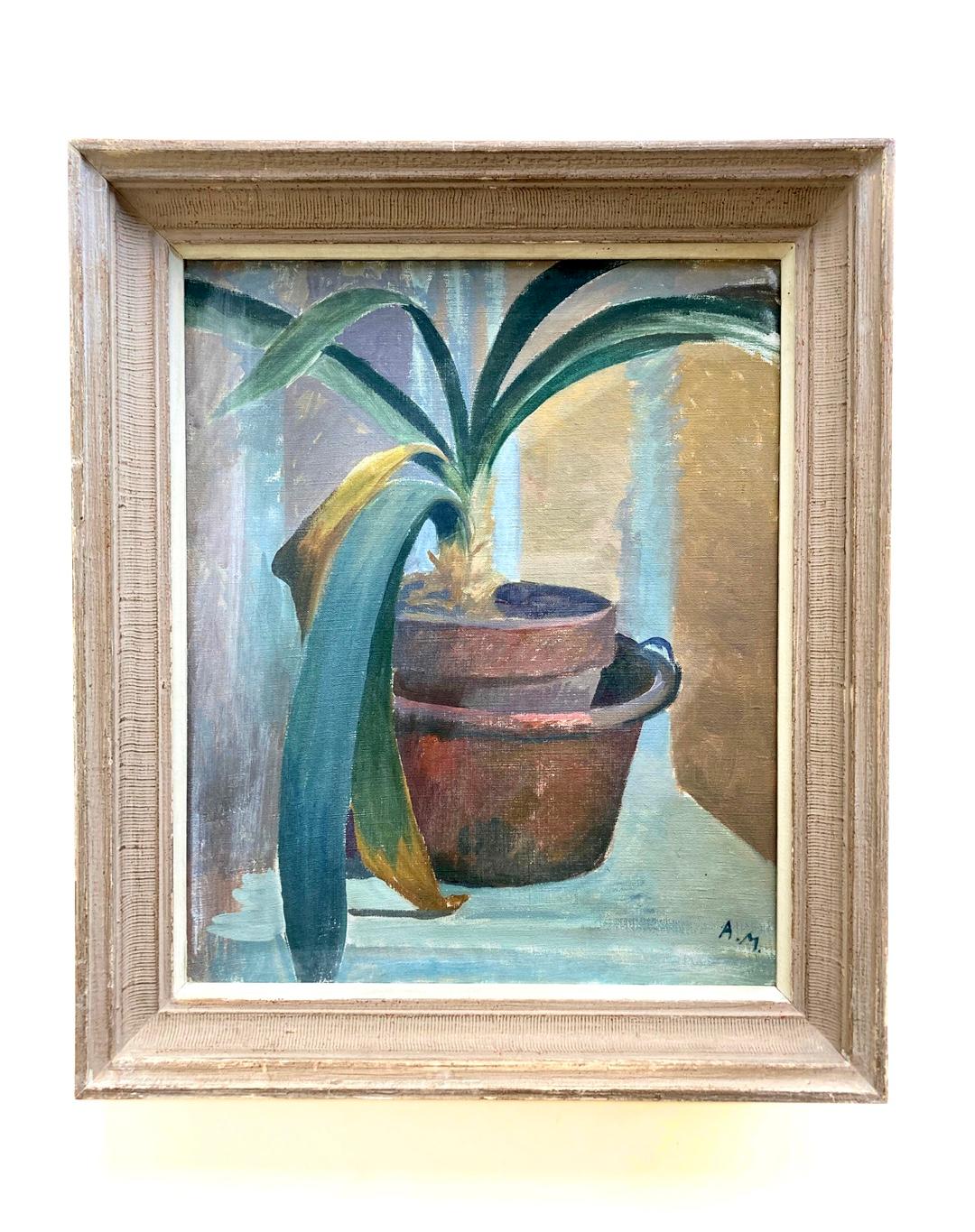 A wonderful example of a vintage, mid-century still-life: a soft, harmonious color-scheme and a natural subject that has, together with the background, been interpreted in a graphic style. A calm yet interesting piece of original art that will