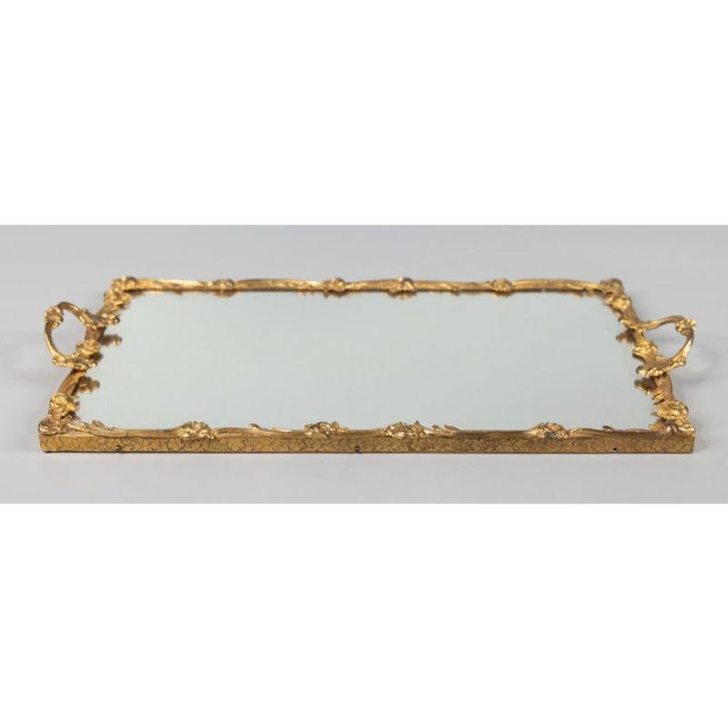 Mid Century French Ormolu Gilt Brass Roses Mirrored Tray In Good Condition In Pearland, TX