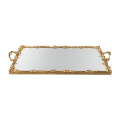 Mid Century French Ormolu Gilt Brass Roses Mirrored Tray