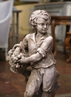 Mid-Century French Outdoor Carved Weathered Stone Young Man Garden Statue