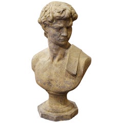 Midcentury French Outdoor Weathered Cast Stone Statuary Roman Bust