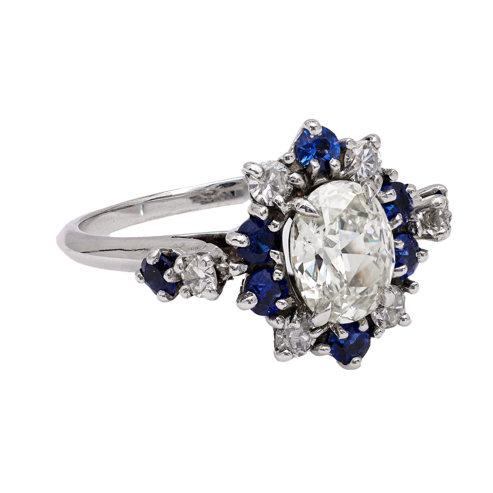 Mid Century French Oval Cut Diamond and Sapphire 18k White Gold Cluster Ring For Sale 1
