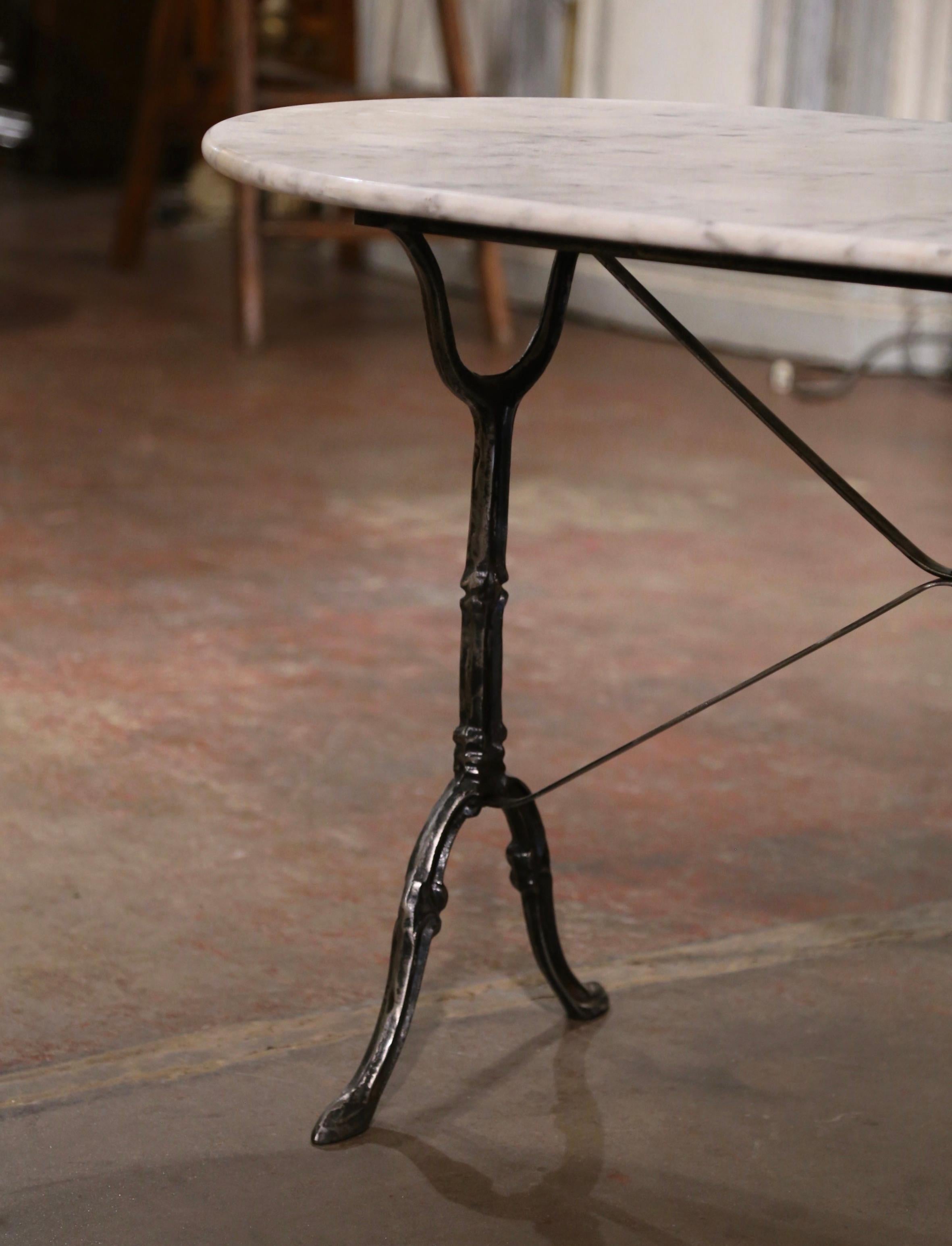 Hand-Crafted Mid-Century French Oval Marble Top Polished Iron Bistrot Table For Sale