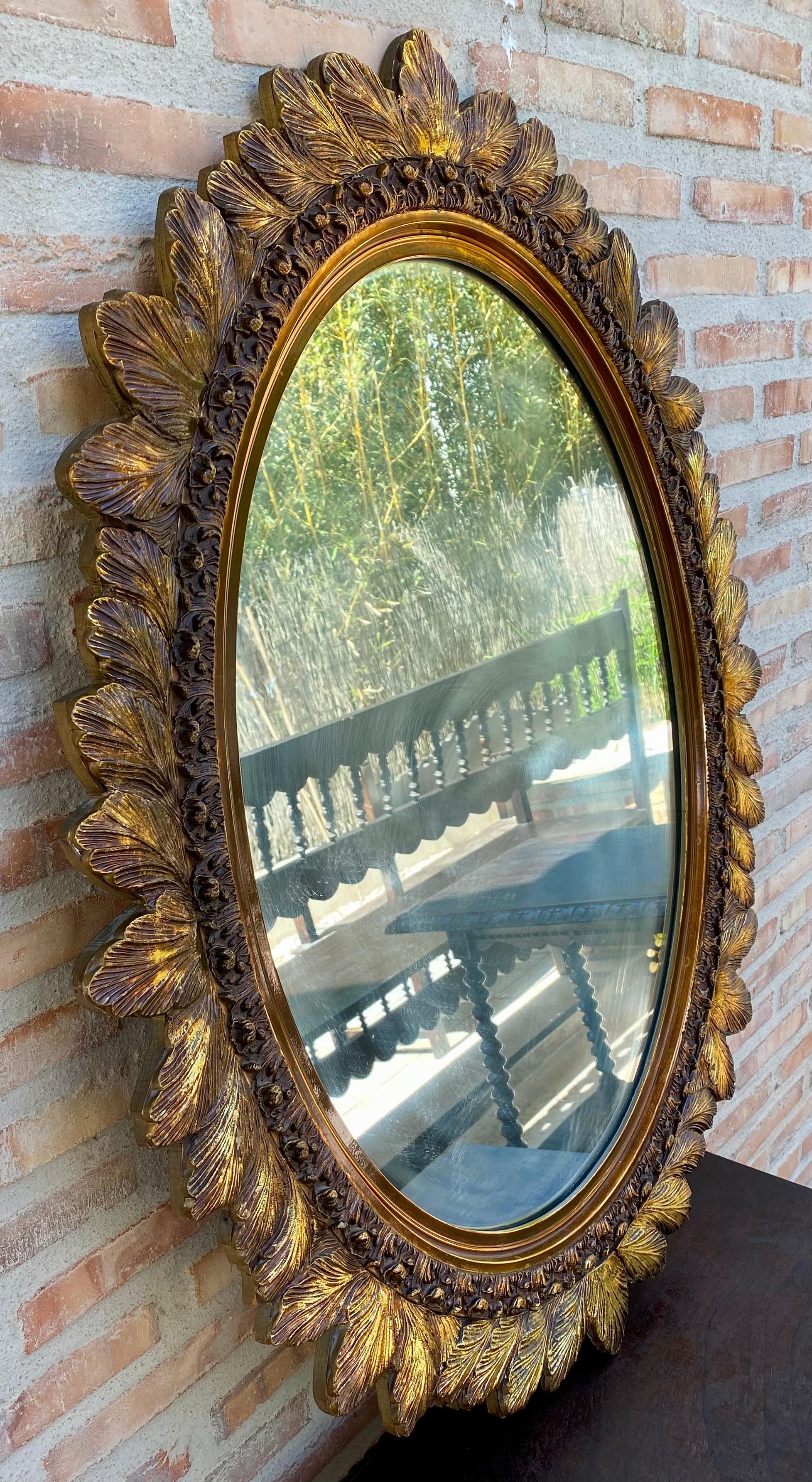 Mid-20th Century Mid-Century French Oval Mirror in Gold Flower Frame, 1960s For Sale