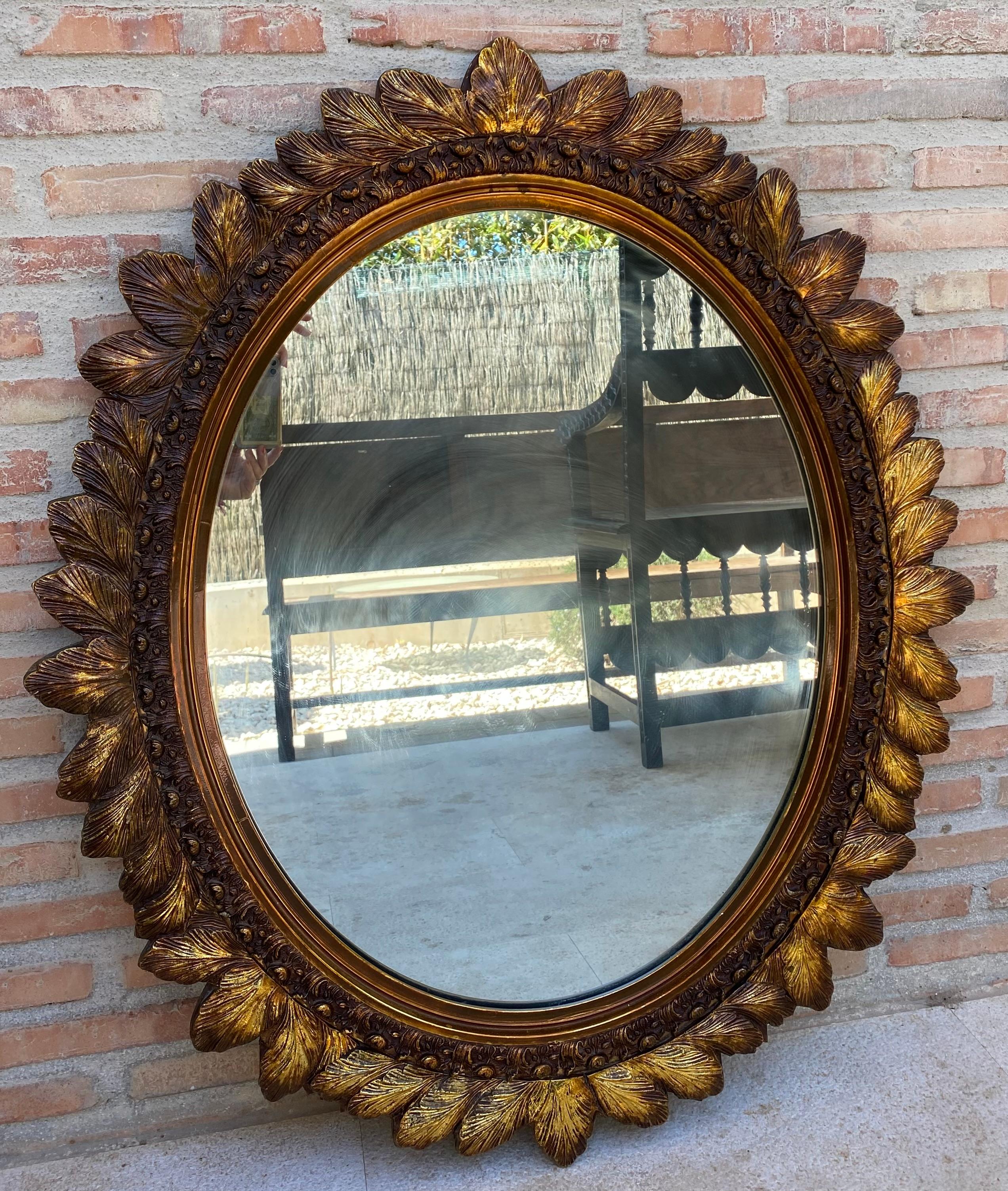Giltwood Mid-Century French Oval Mirror in Gold Flower Frame, 1960s For Sale