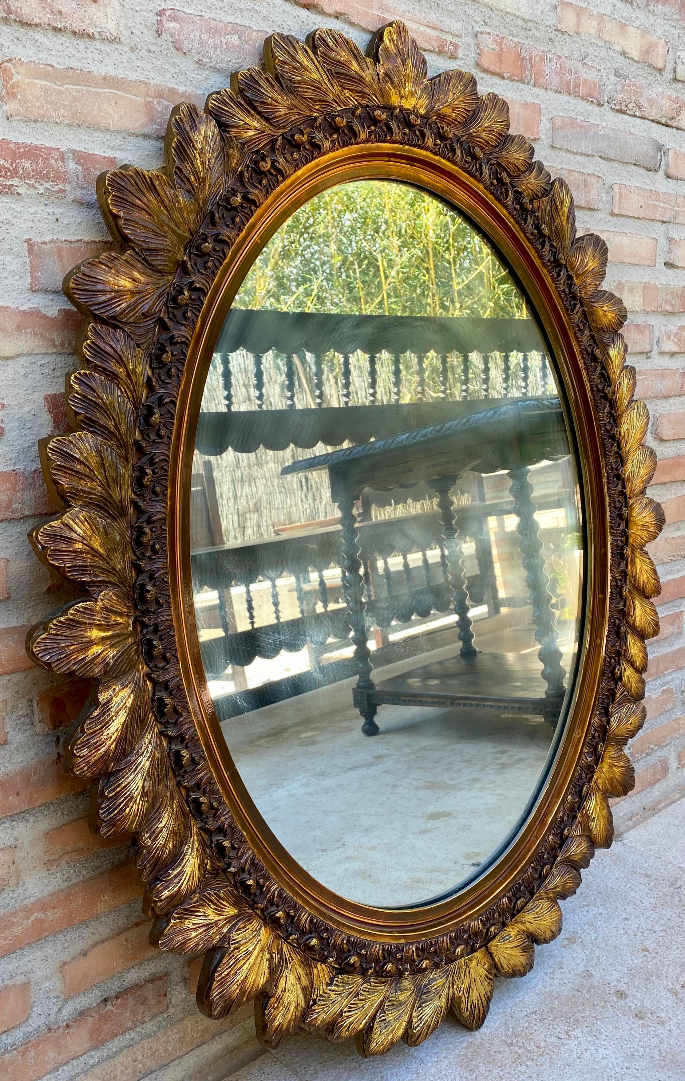 Mid-Century French Oval Mirror in Gold Flower Frame, 1960s For Sale 1