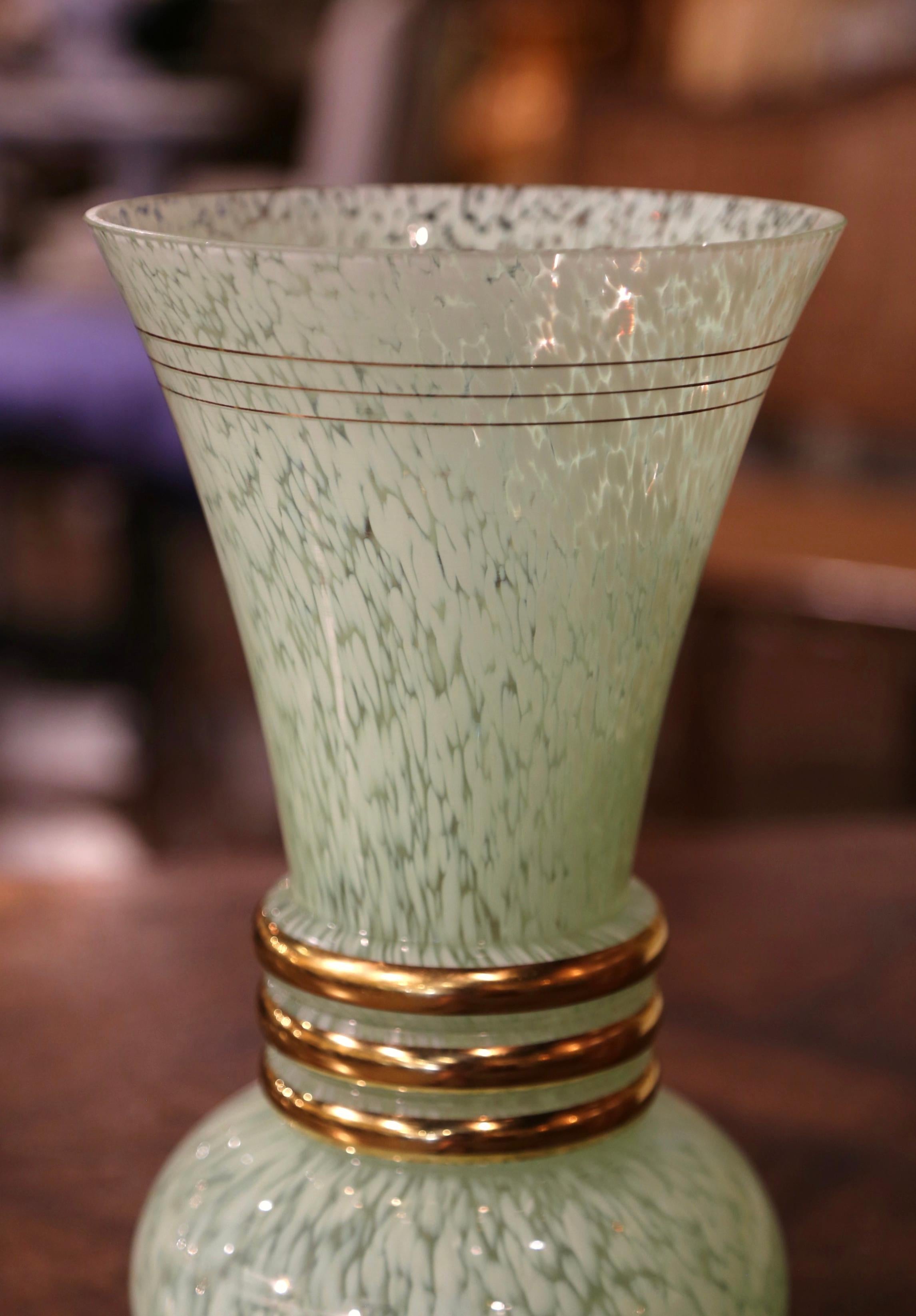 Art Deco Mid-Century French Painted and Gilt Glass Trumpet Vase For Sale