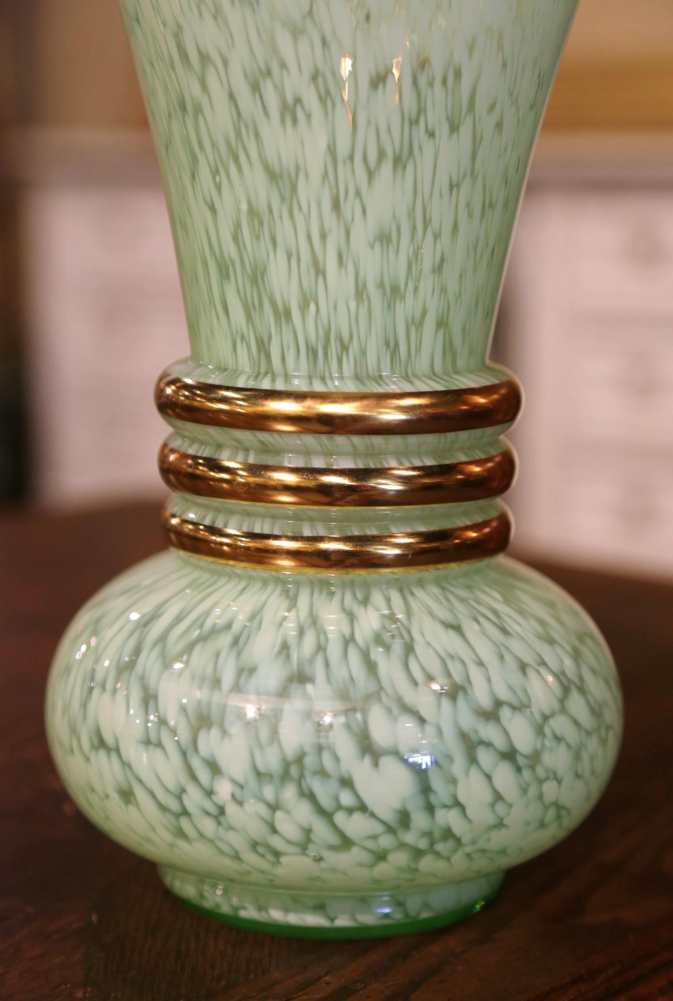 Hand-Painted Mid-Century French Painted and Gilt Glass Trumpet Vase For Sale