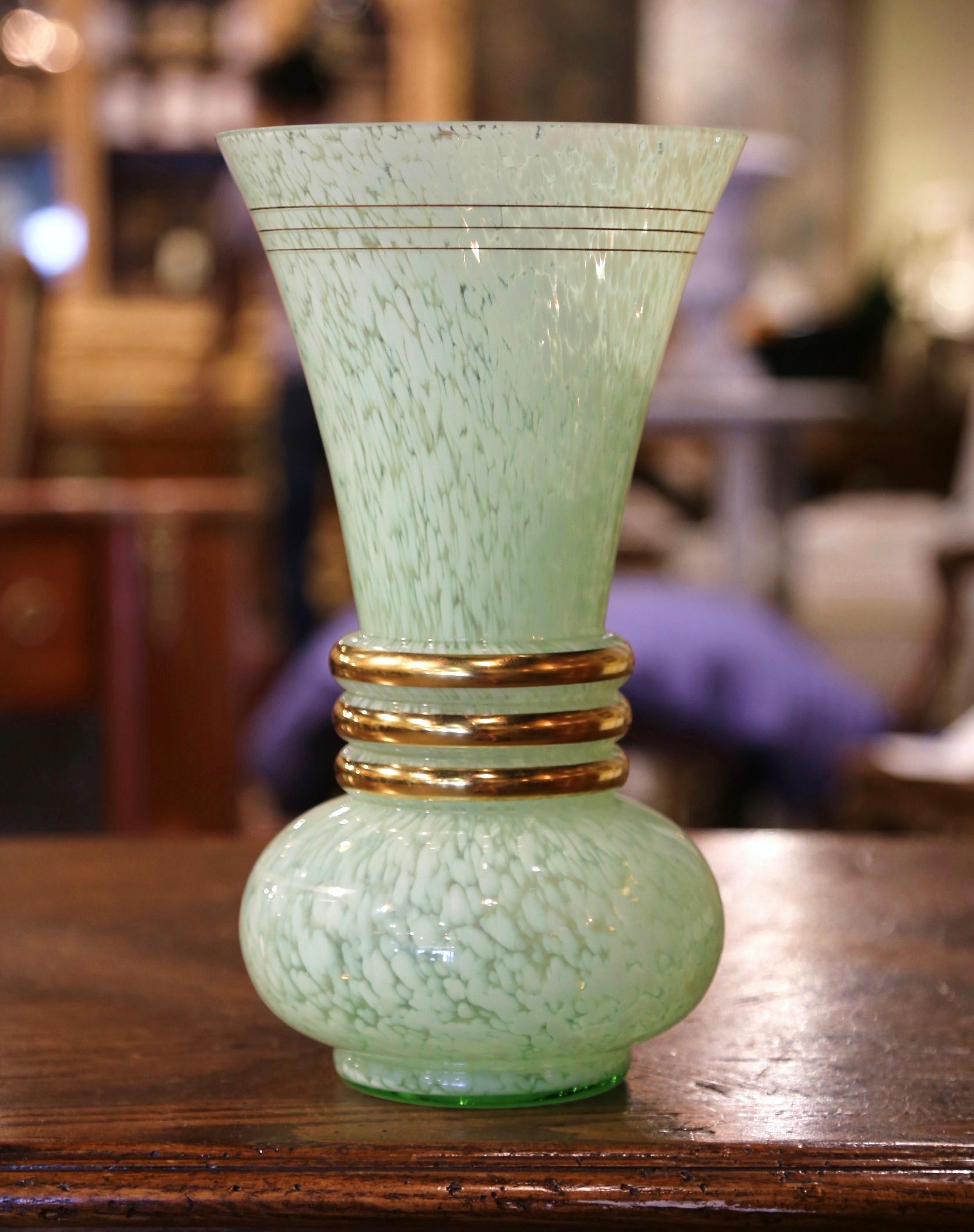 Mid-Century French Painted and Gilt Glass Trumpet Vase In Excellent Condition For Sale In Dallas, TX