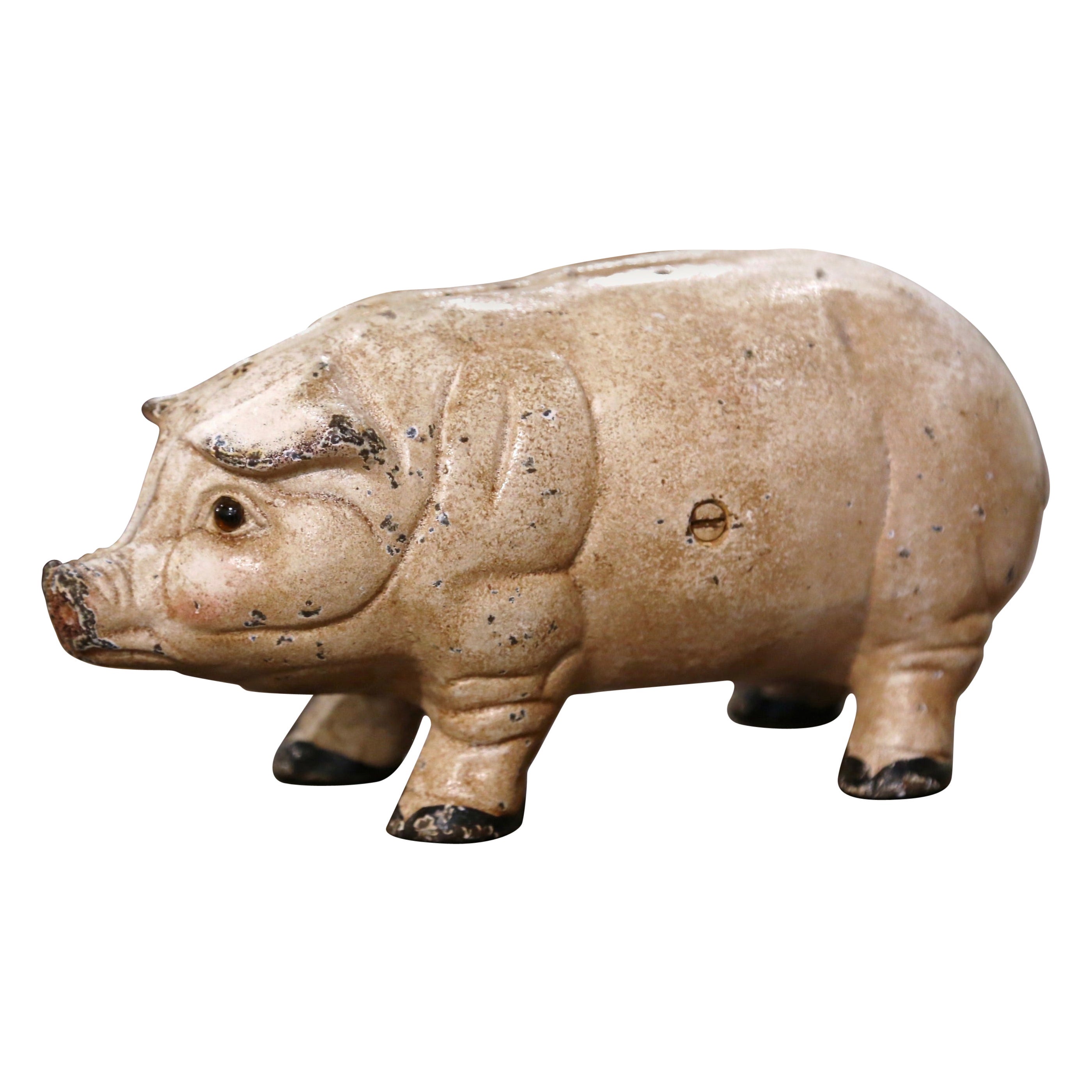 Mid-Century French Painted Cast Iron Piggy Bank Sculpture