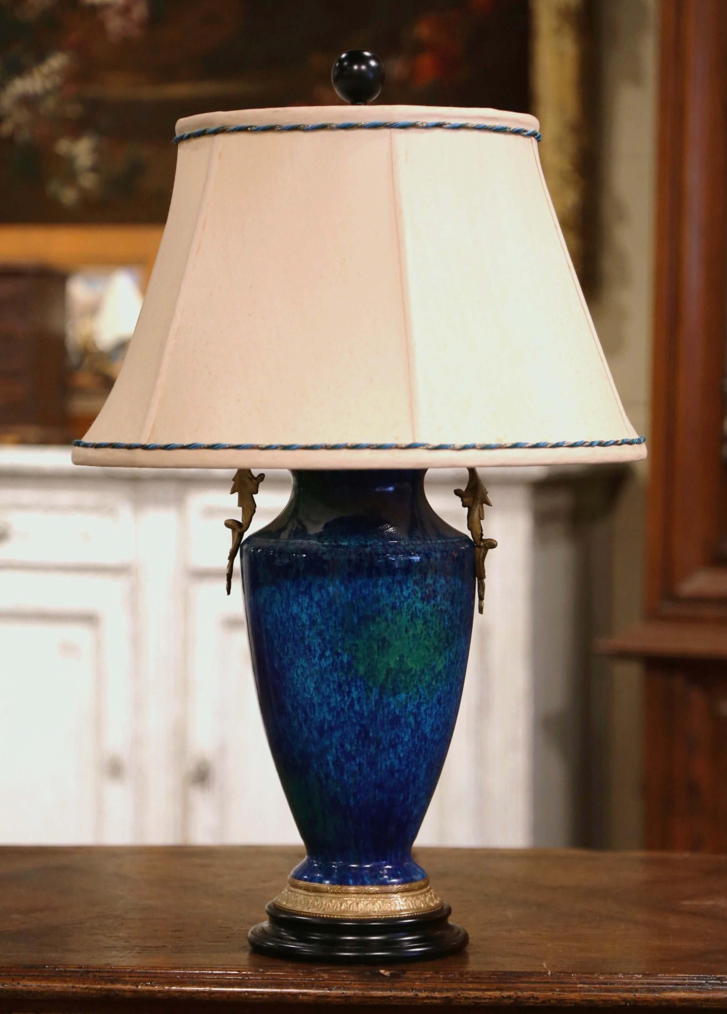 Gilt Mid-Century French Painted Ceramic and Bronze Urn Form Table Lamp with Shade