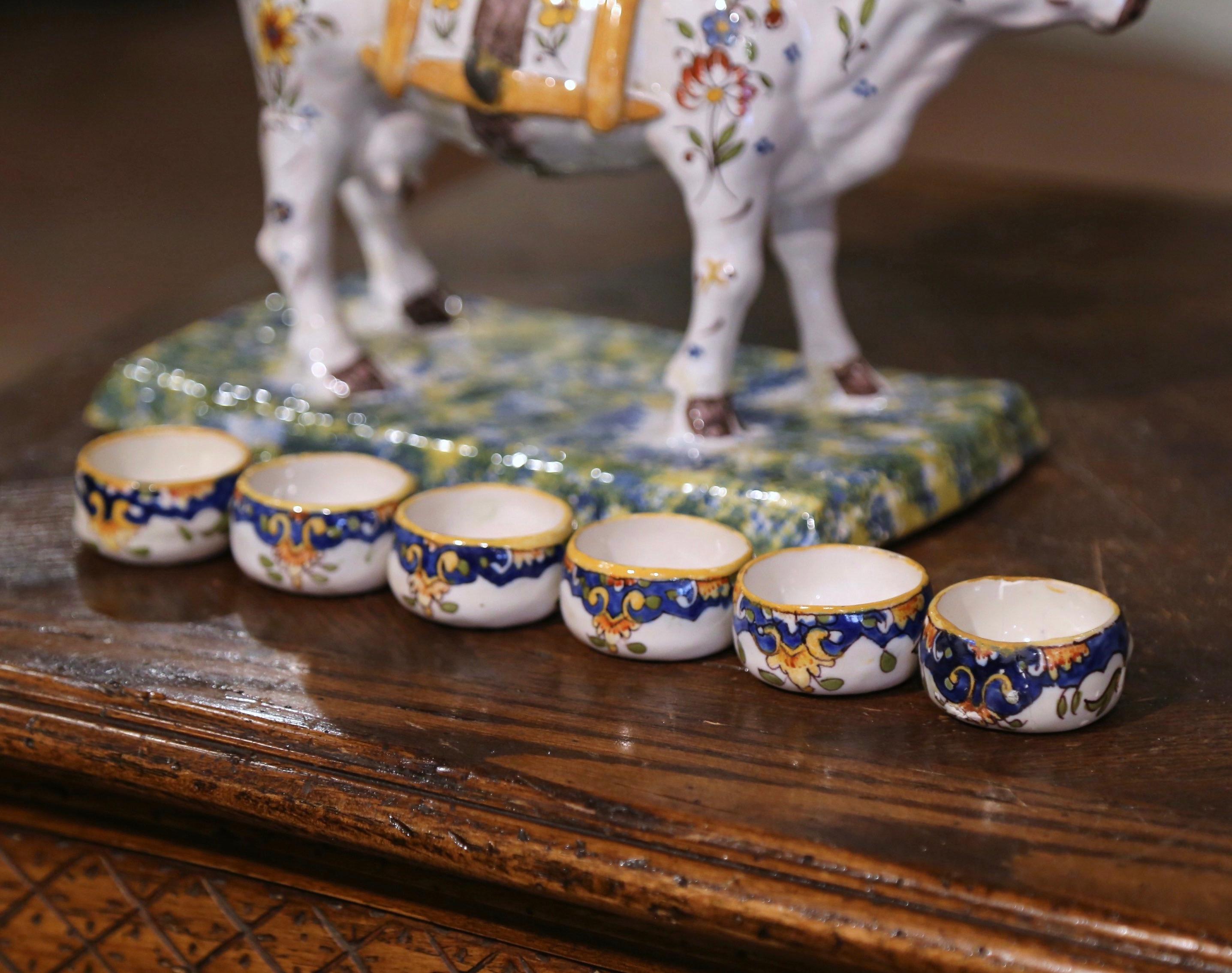 Mid-Century French Painted Faience Cow, Barrel and Shot Glasses Composition For Sale 5