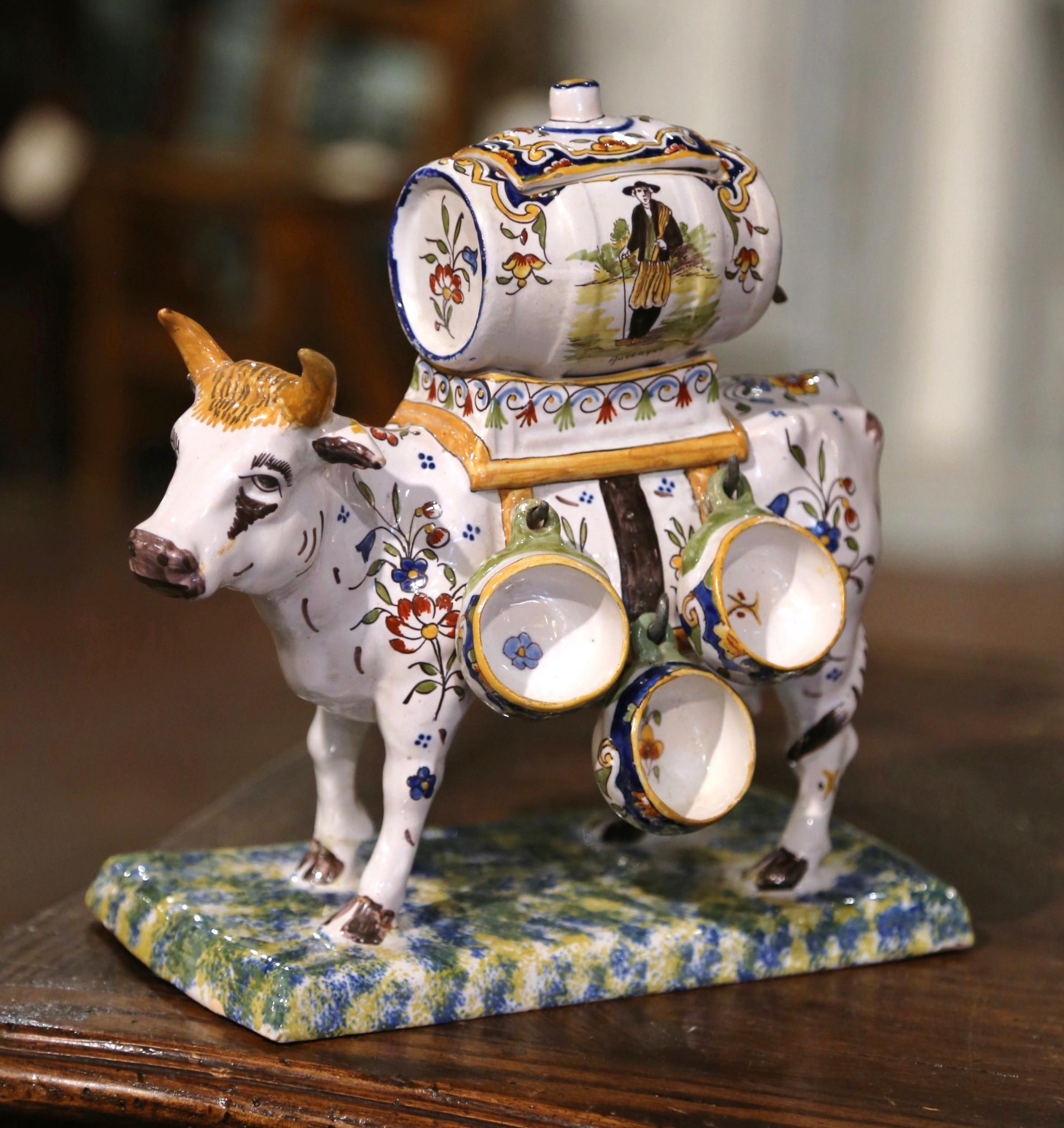 Hand-Crafted Mid-Century French Painted Faience Cow, Barrel and Shot Glasses Composition For Sale