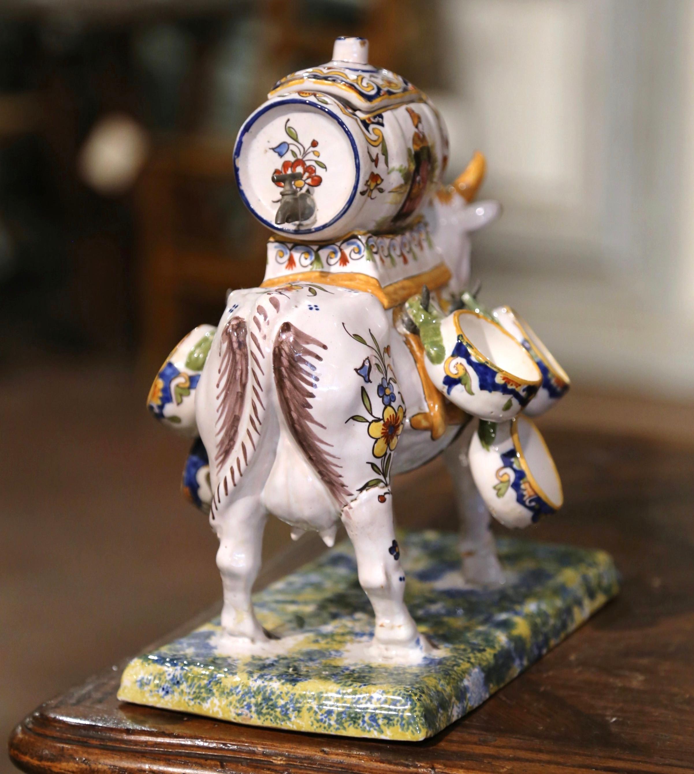 Mid-Century French Painted Faience Cow, Barrel and Shot Glasses Composition In Excellent Condition For Sale In Dallas, TX