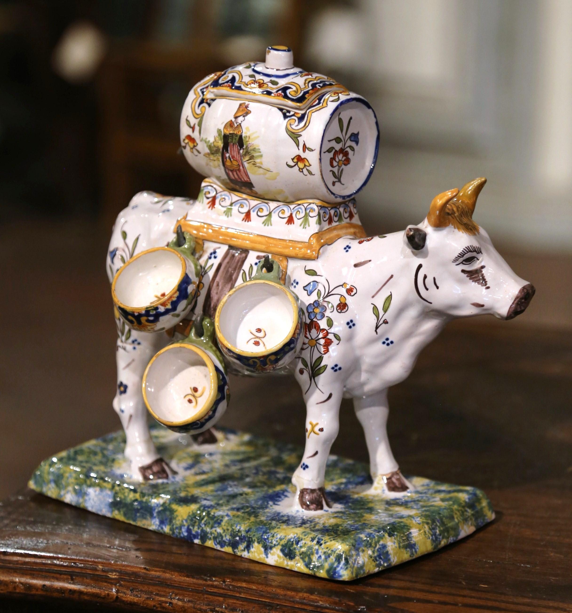 20th Century Mid-Century French Painted Faience Cow, Barrel and Shot Glasses Composition For Sale