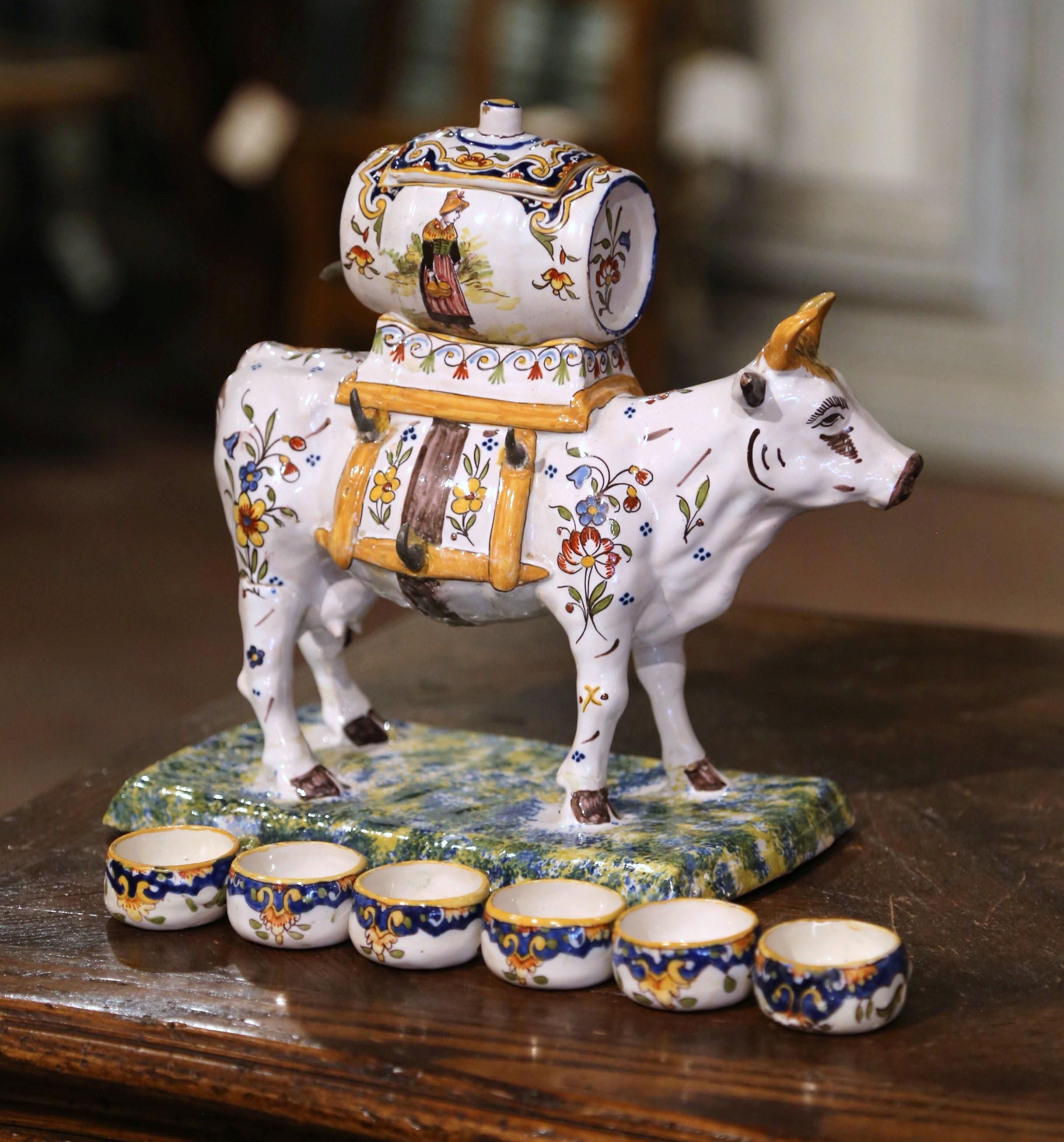 Mid-Century French Painted Faience Cow, Barrel and Shot Glasses Composition For Sale 3