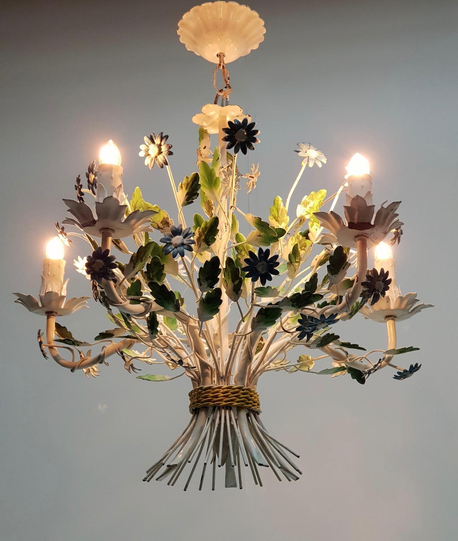 Midcentury French Painted Iron and Tole Chandelier with Flowers For Sale 1