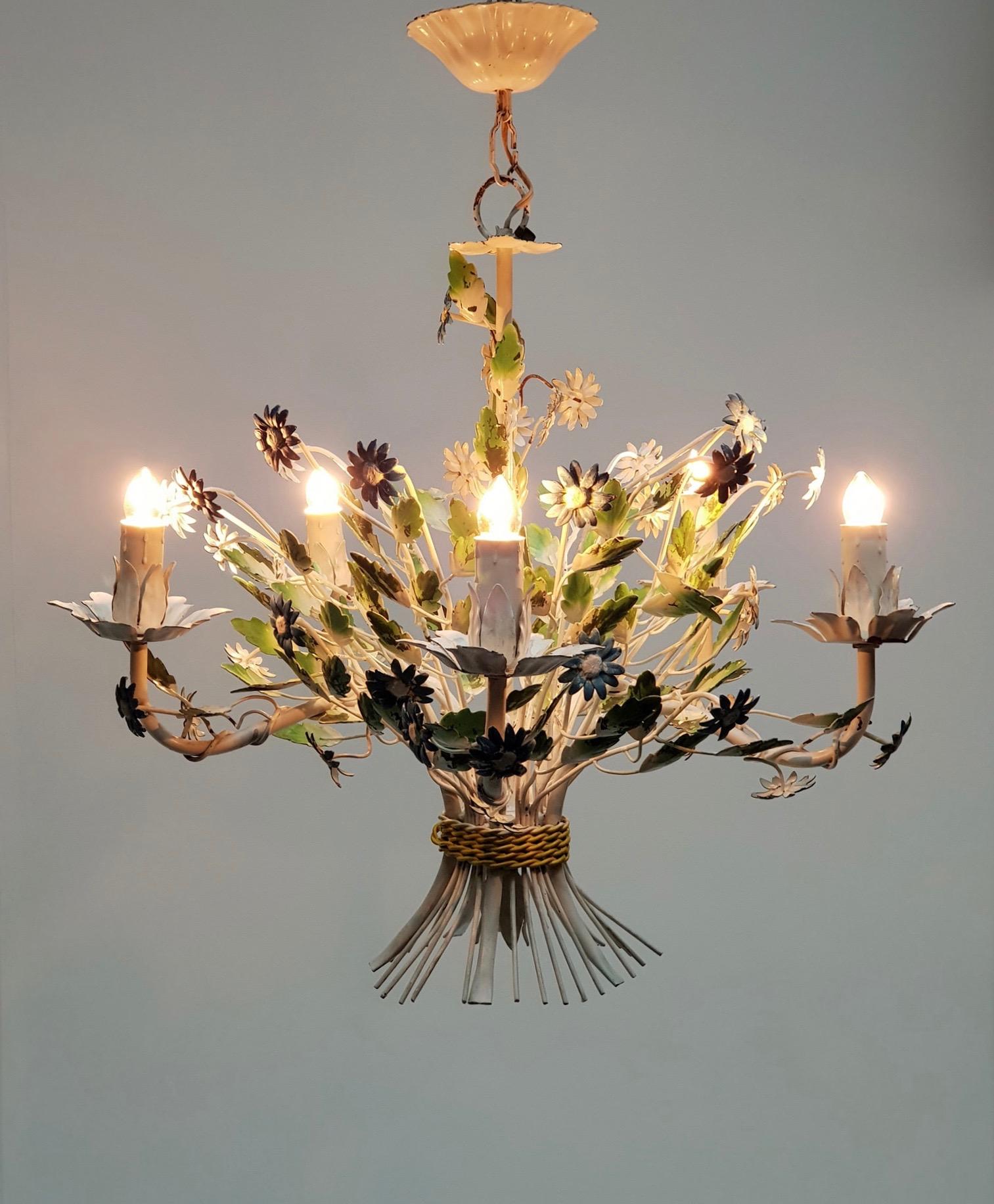 Mid-Century Modern Midcentury French Painted Iron and Tole Chandelier with Flowers For Sale
