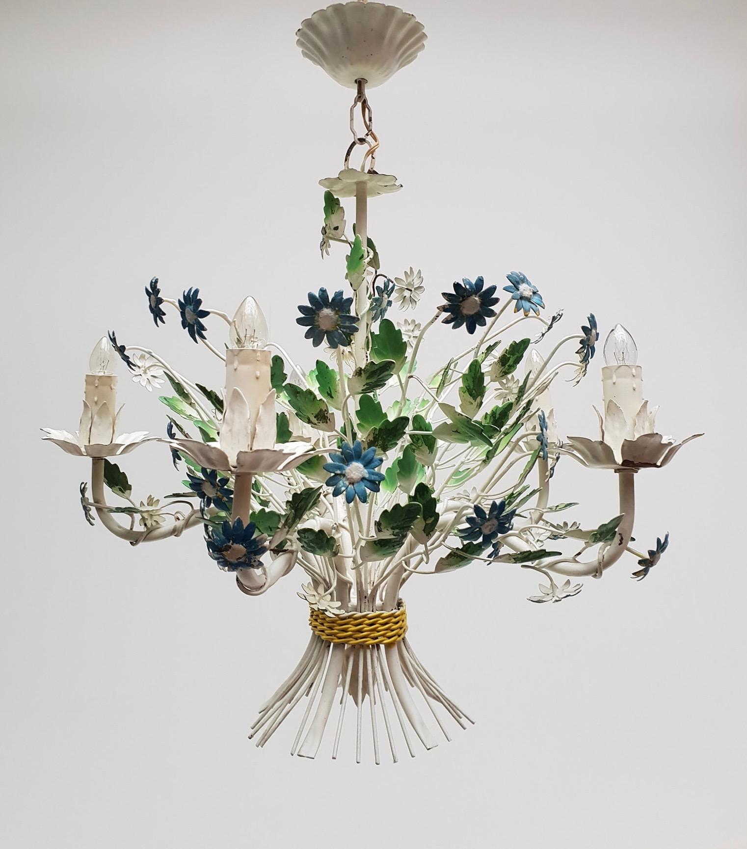 20th Century Midcentury French Painted Iron and Tole Chandelier with Flowers For Sale