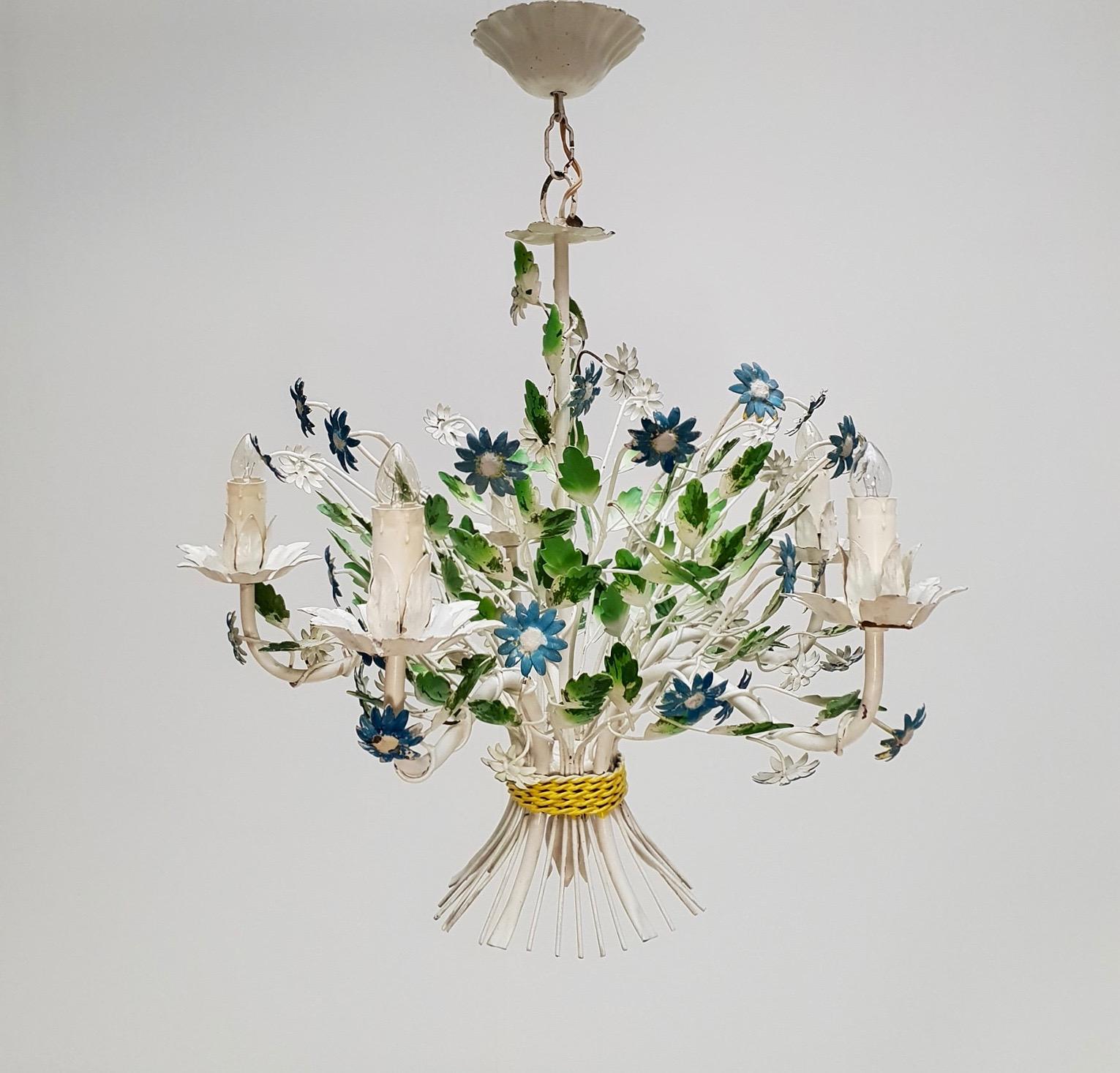 Metal Midcentury French Painted Iron and Tole Chandelier with Flowers For Sale