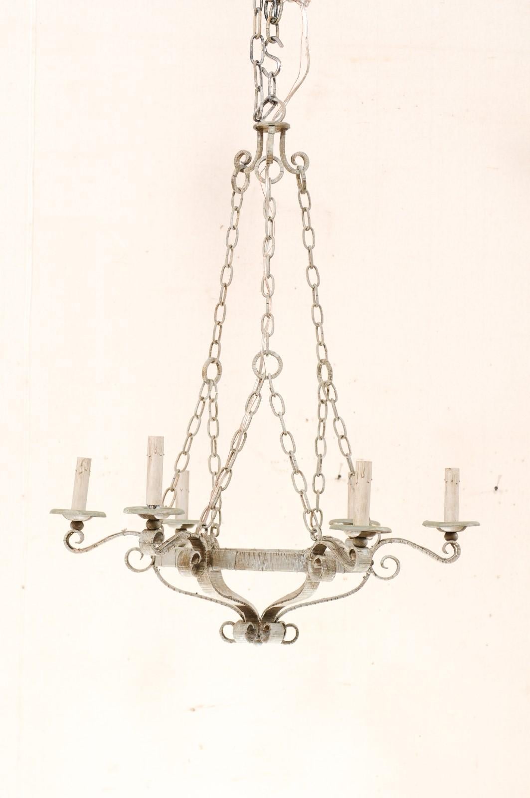 Midcentury French Painted Light Grey Iron 6-Light Chandelier In Good Condition In Atlanta, GA