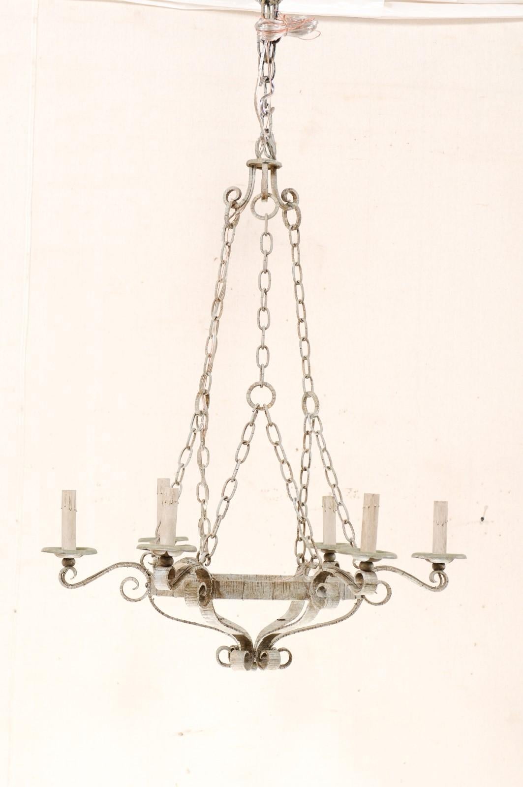 20th Century Midcentury French Painted Light Grey Iron 6-Light Chandelier