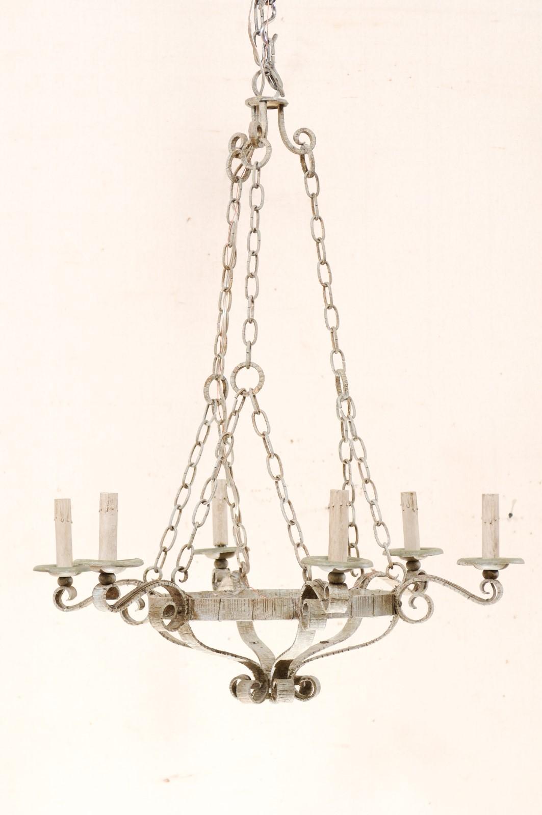 Midcentury French Painted Light Grey Iron 6-Light Chandelier 3