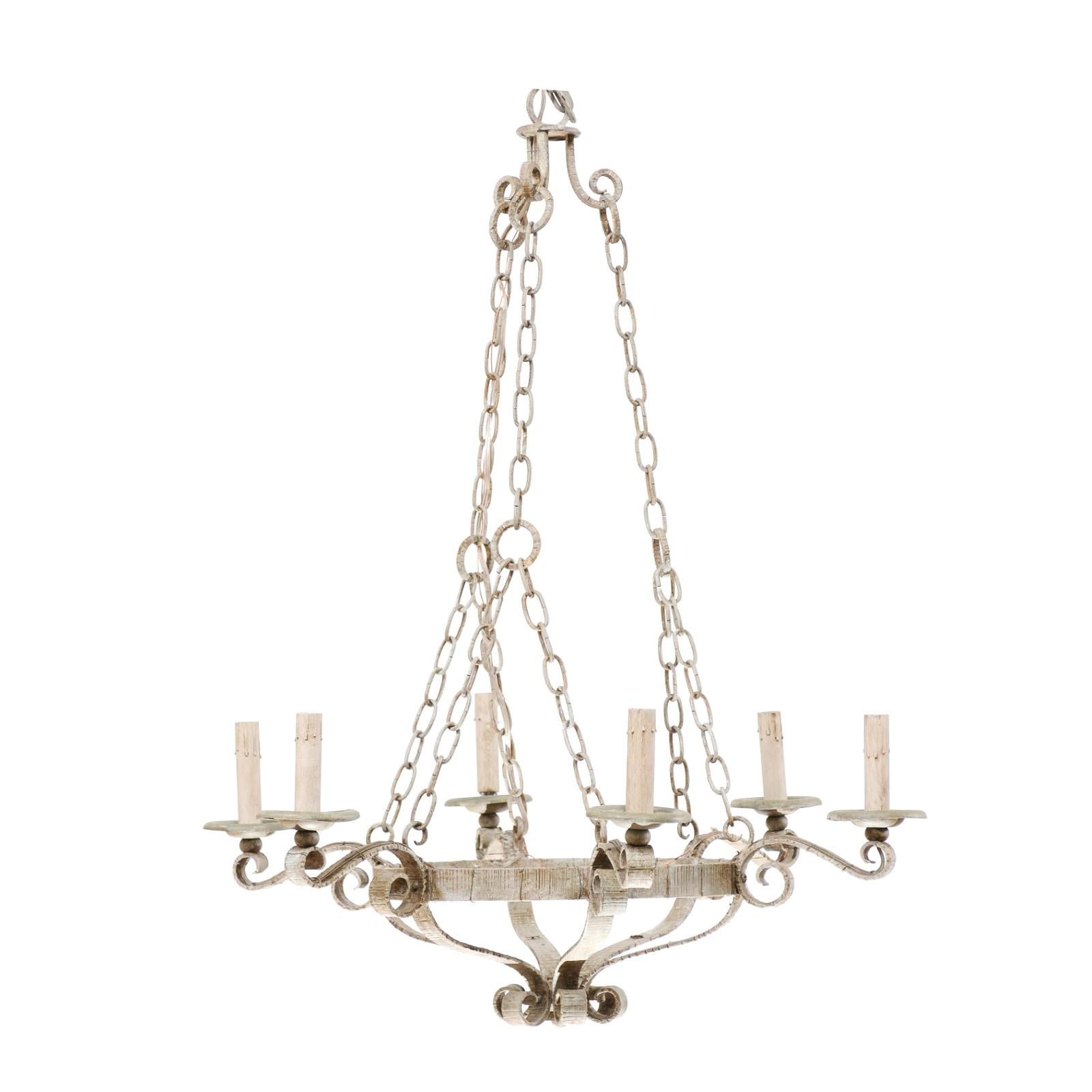 Midcentury French Painted Light Grey Iron 6-Light Chandelier