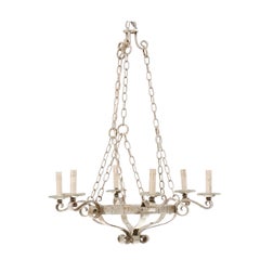 Vintage Midcentury French Painted Light Grey Iron 6-Light Chandelier